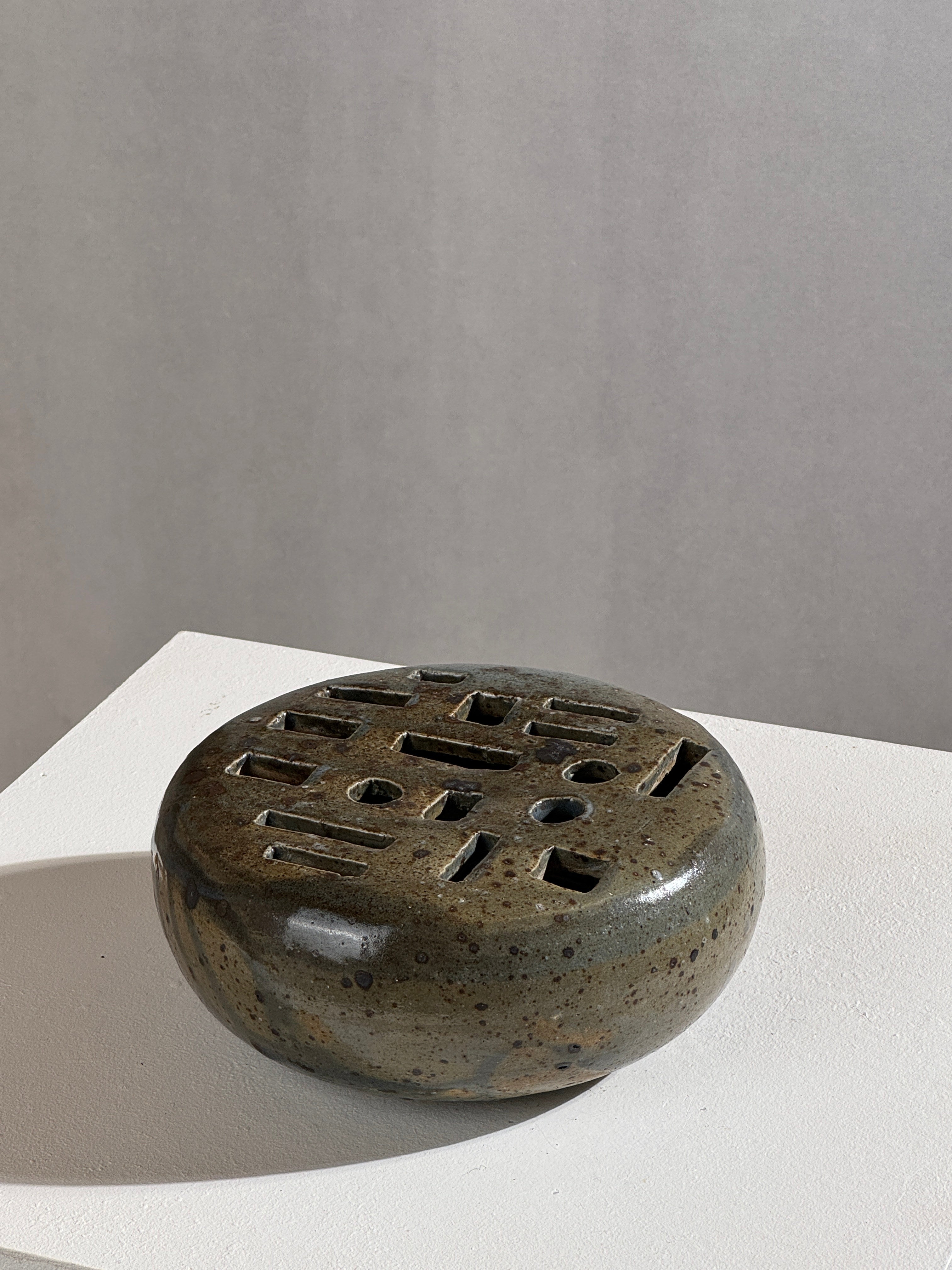 Vintage stoneware flower frog vase with geometric cutouts, France 1960s