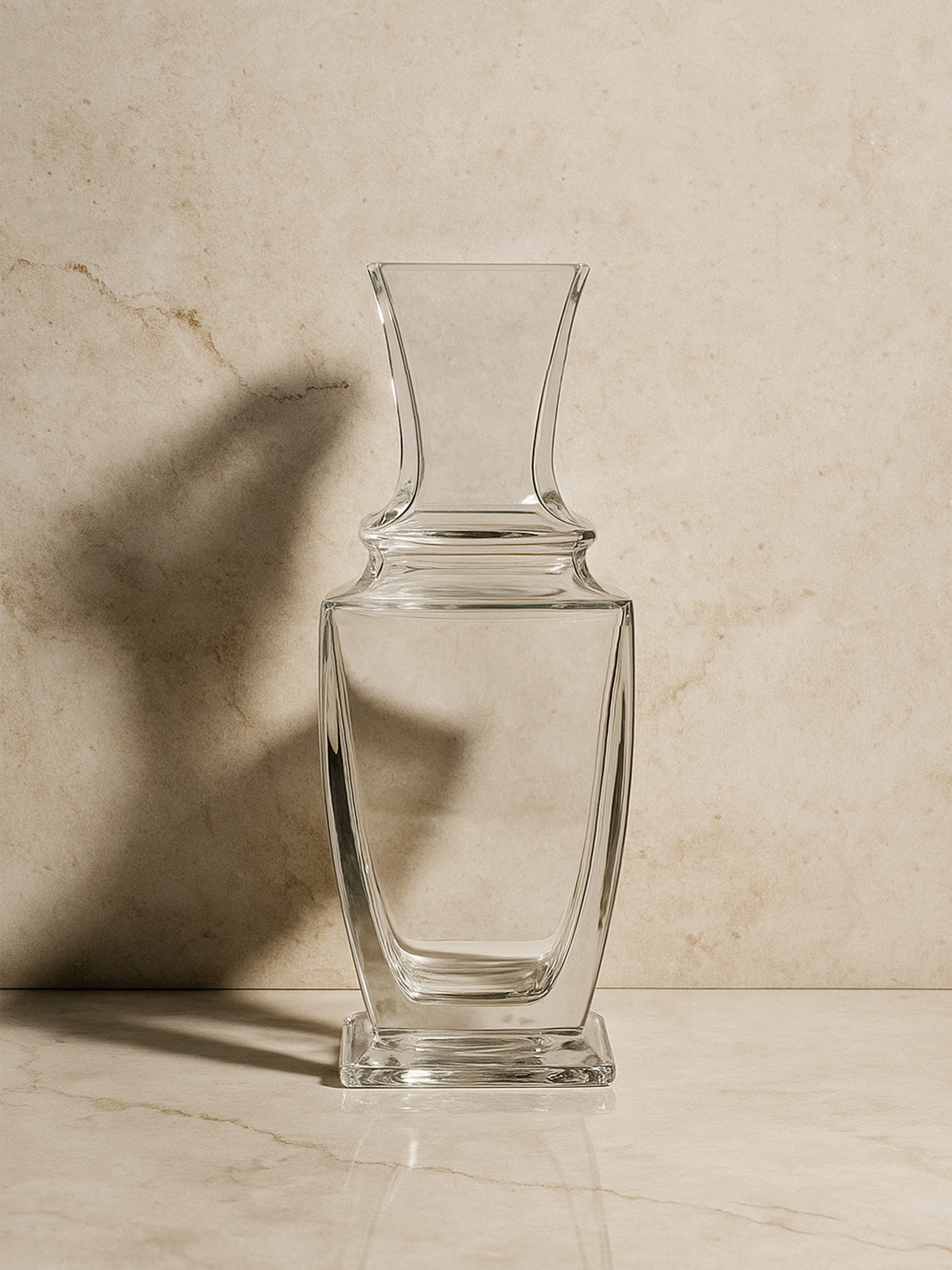The Vintage Baccarat Art Deco Vase - 1980s by Dodo Vintage, featuring a geometric design and square base, sits empty on a marble surface against a beige marble background, casting a delicate shadow.