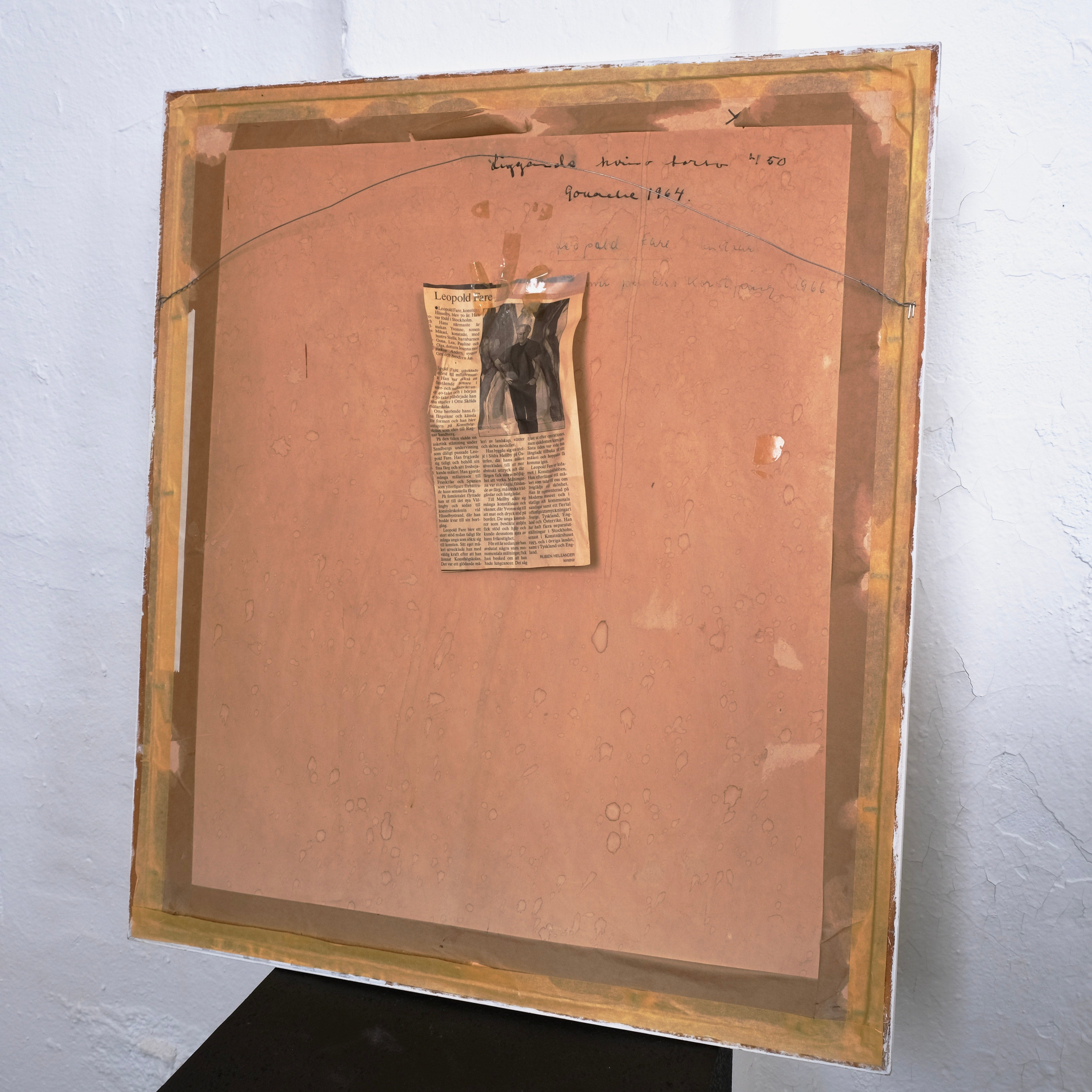 Leopold Fare Abstract Composition Painting | 1960s — back view with newspaper clipping and brown paper