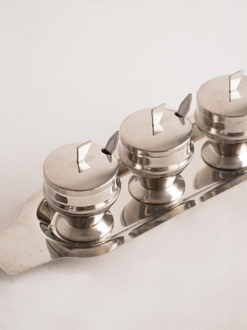 Vintage Polish Metal Condiment Set: Mid-century Kitchenware — side angle
