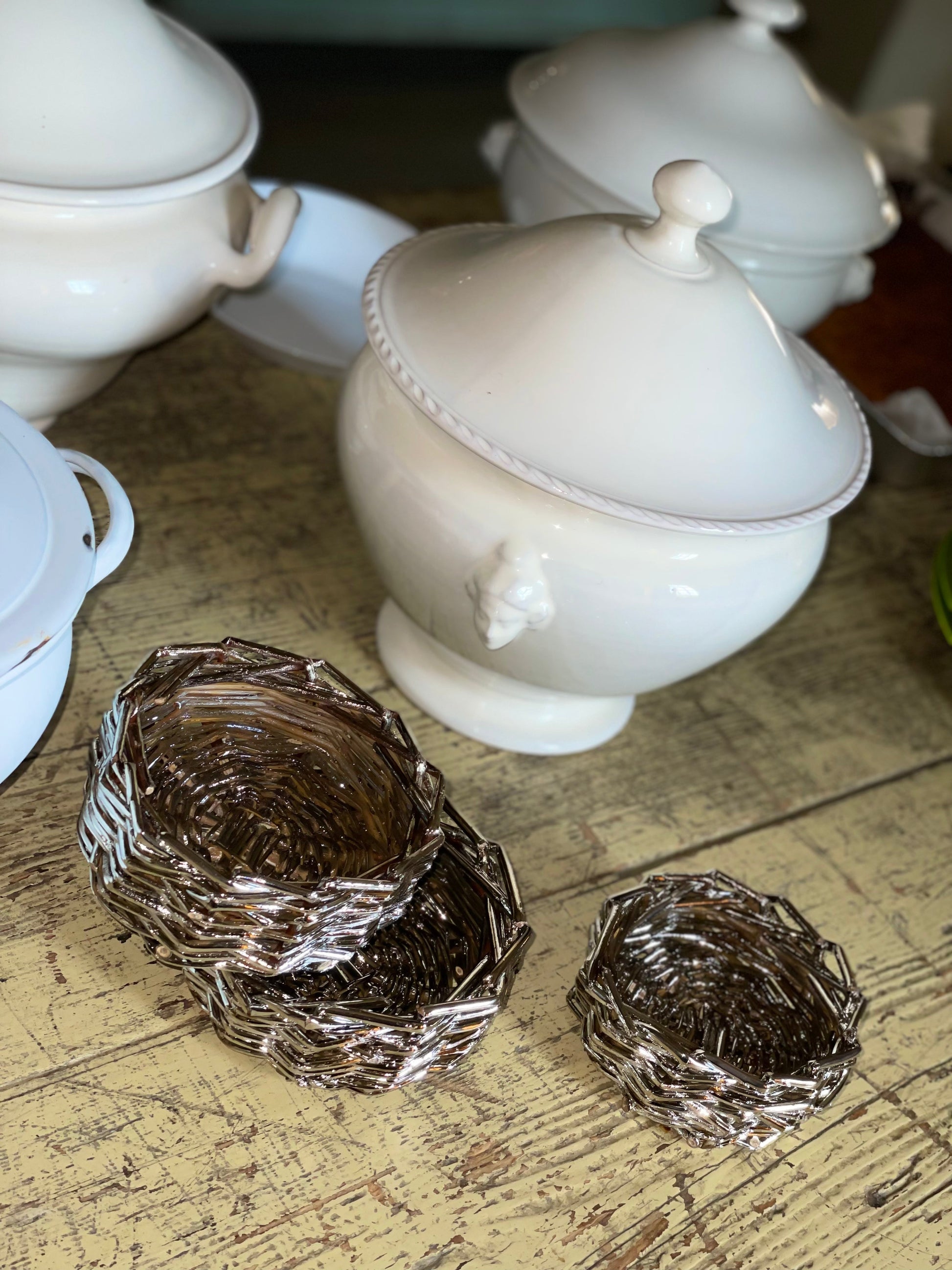 Contemporary Baskets - Mini Woven Metal-Plated Collection — lifestyle setting