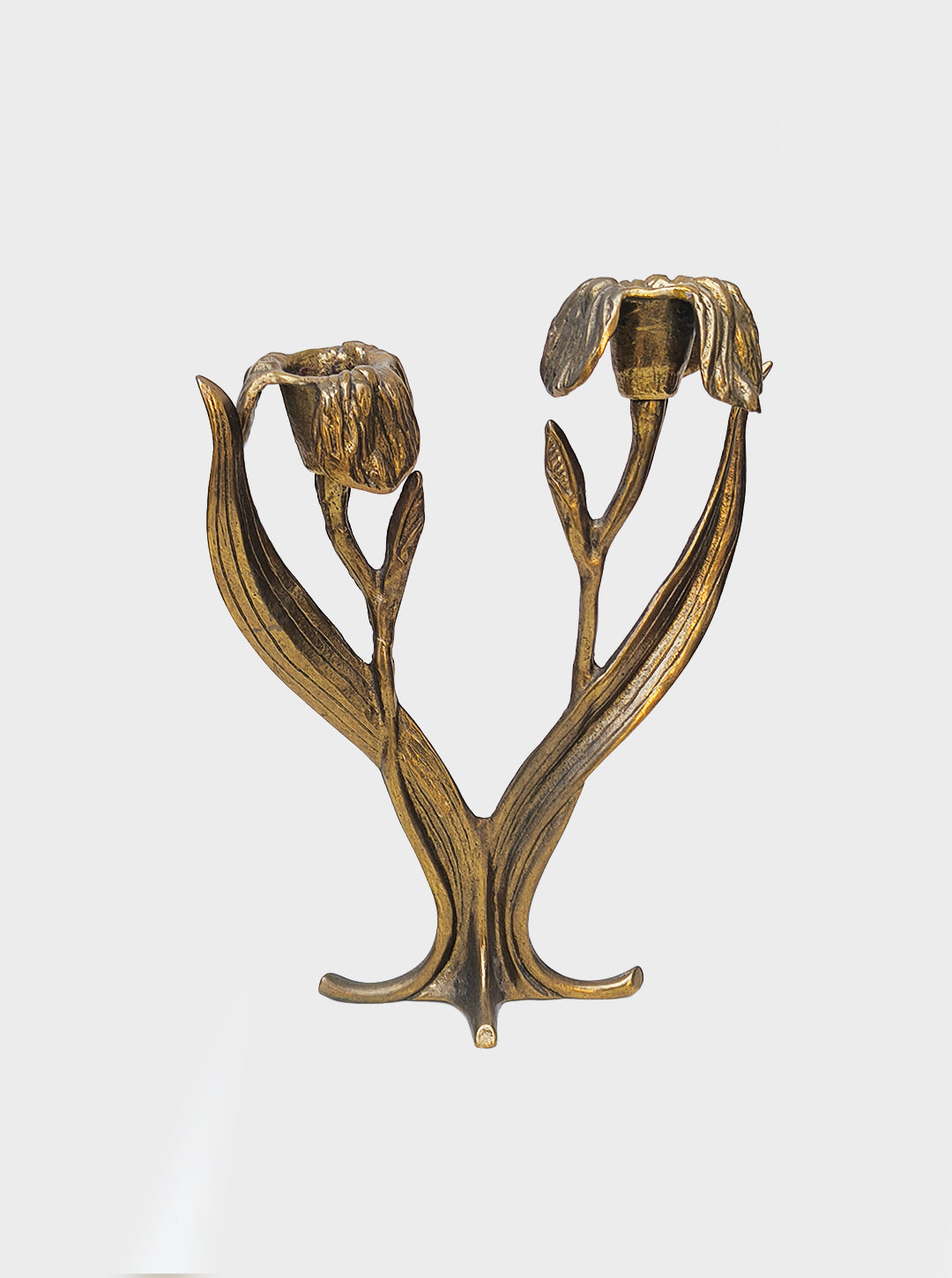 Art Nouveau Floral Candle Holder — side angle showing brass floral design