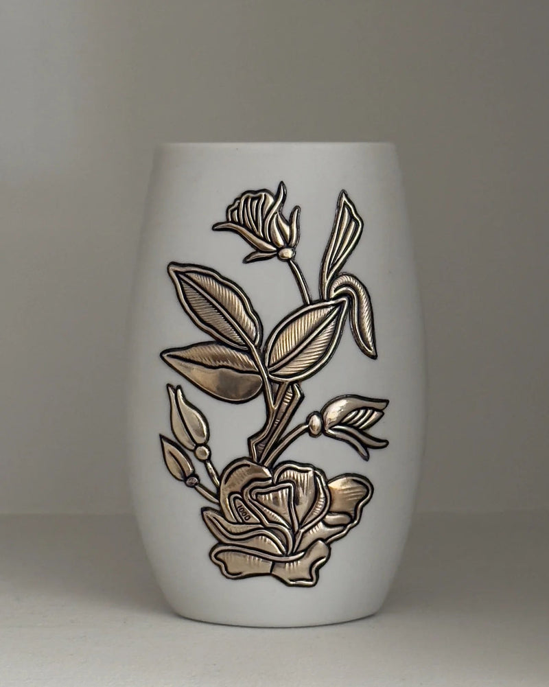 Pale Blue Vase with Silver Inlaid Florals by Galerie Storm | The Oblist — ceramic, handcrafted
