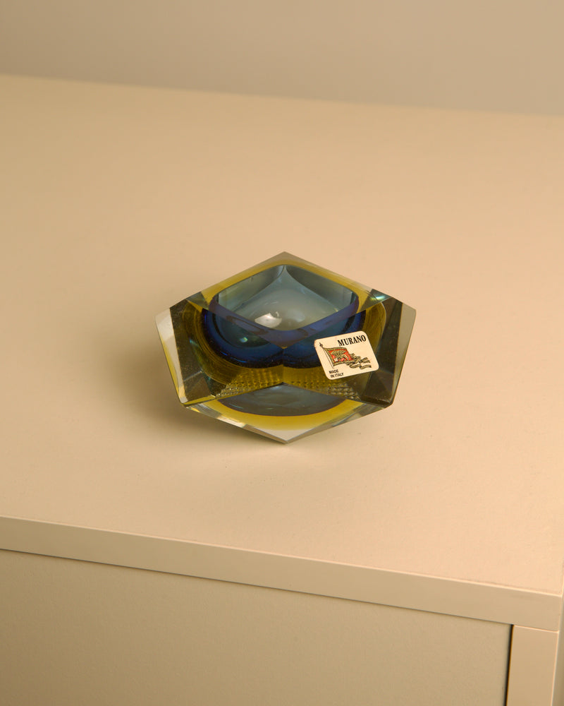 Vintage Murano glass ashtray with blue and yellow layers by Seguso