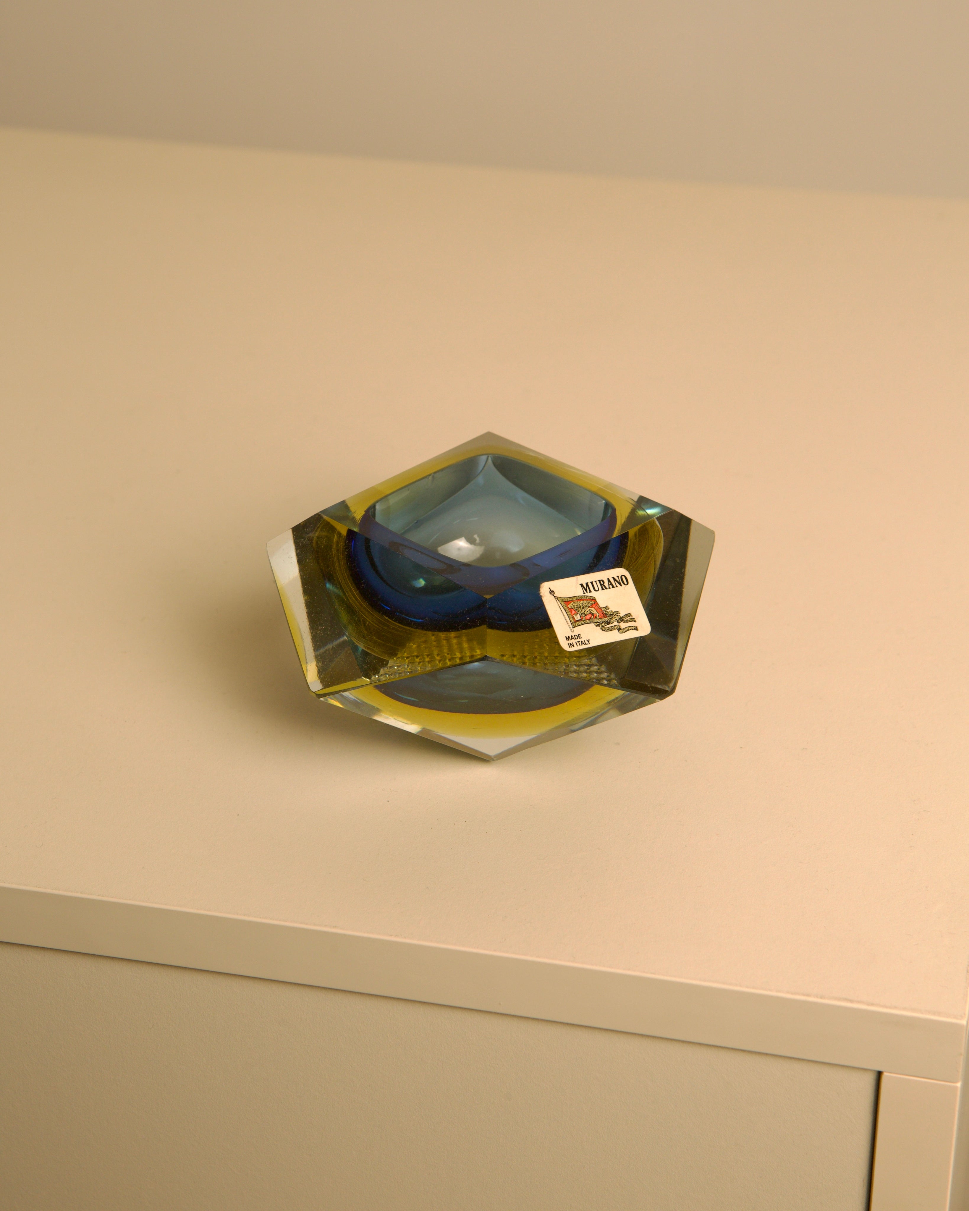 Vintage Murano glass ashtray with blue and yellow layers by Seguso