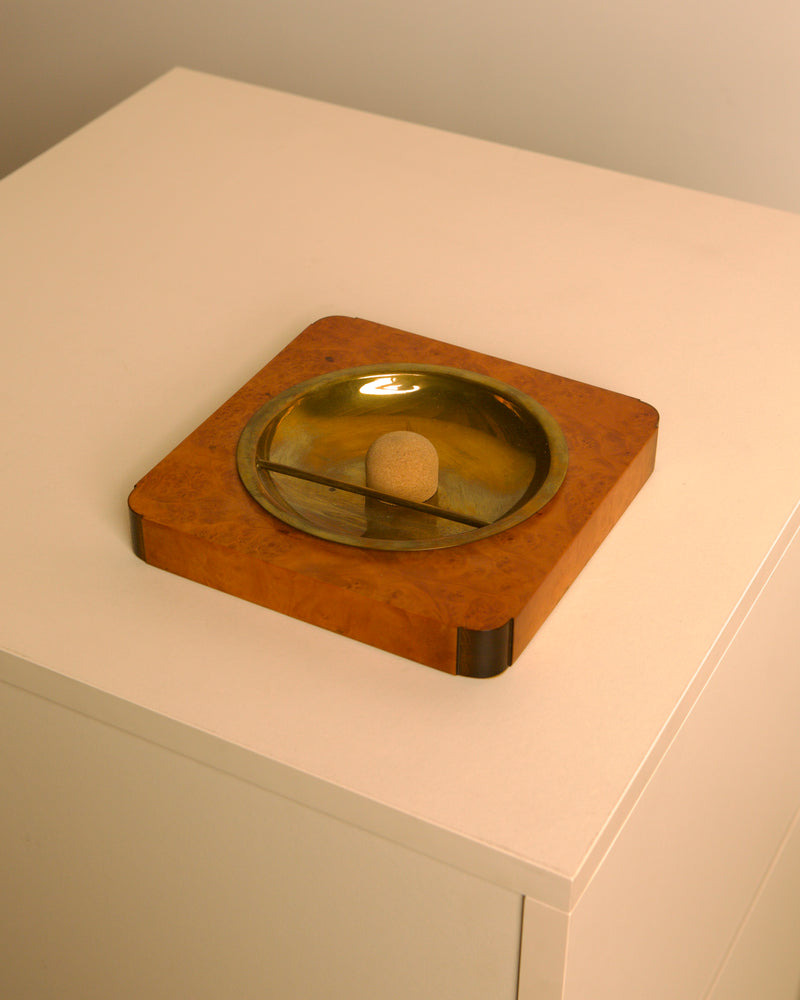 Italian Burl Wood & Brass Catchall Tray with Cork Ball, 1960s by Treaptyque | The Oblist