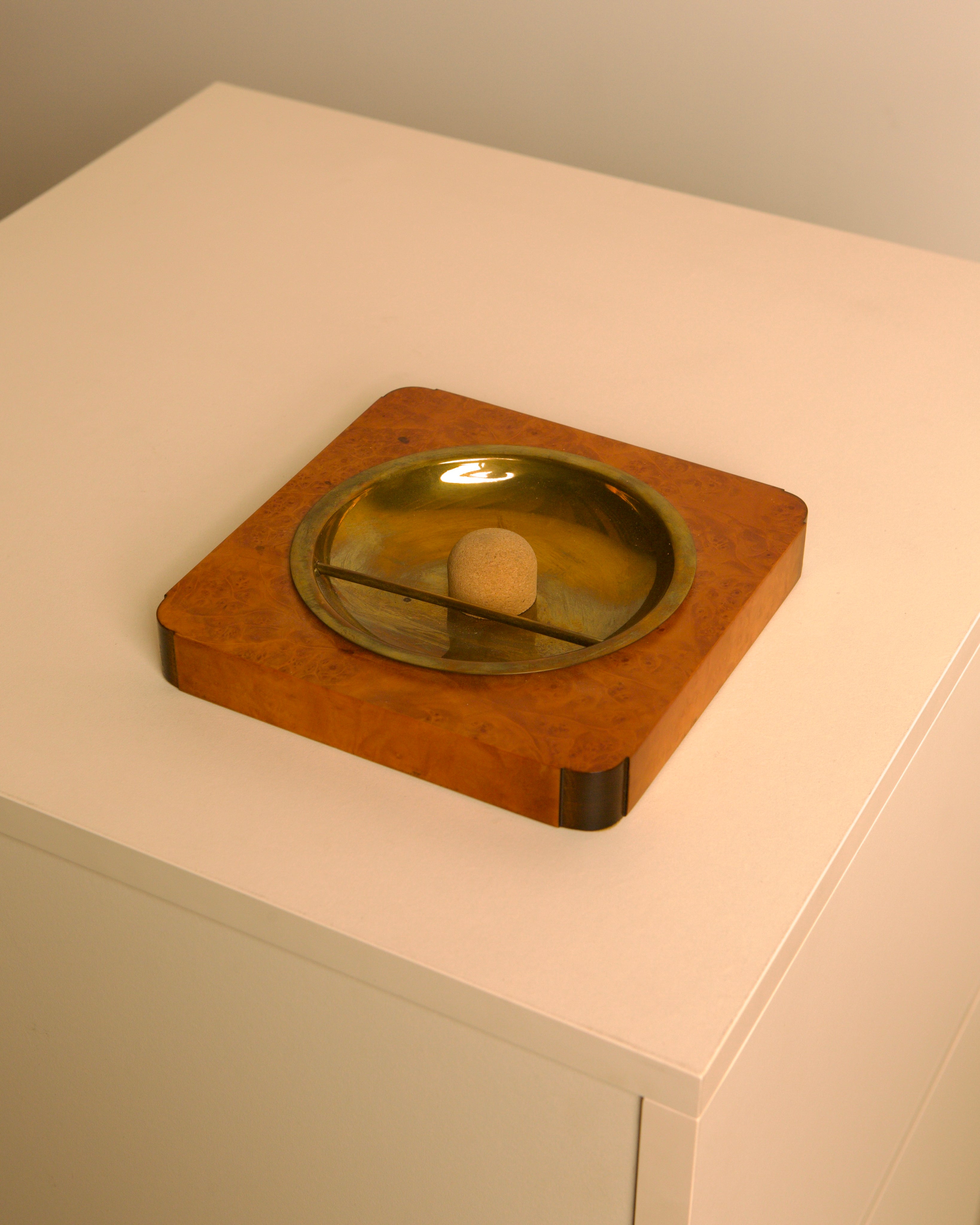 Italian Burl Wood & Brass Catchall Tray with Cork Ball, 1960s by Treaptyque | The Oblist