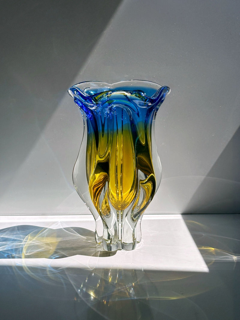 Large Bohemian glass vase with blue and yellow gradient colors