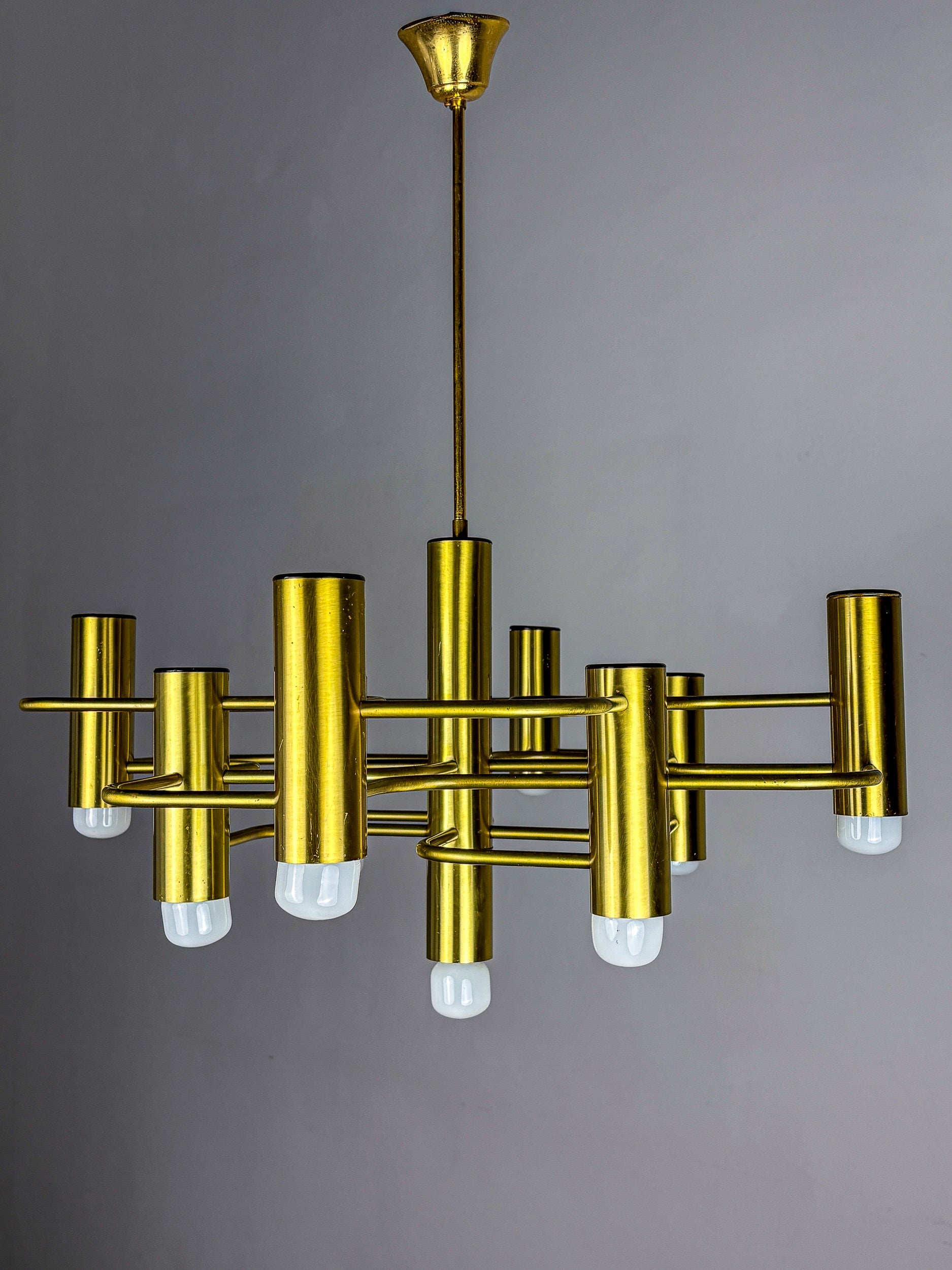 Gaetano Sciolari Geometric Chandelier, 9 lights, Italy, 1970s — alternate view