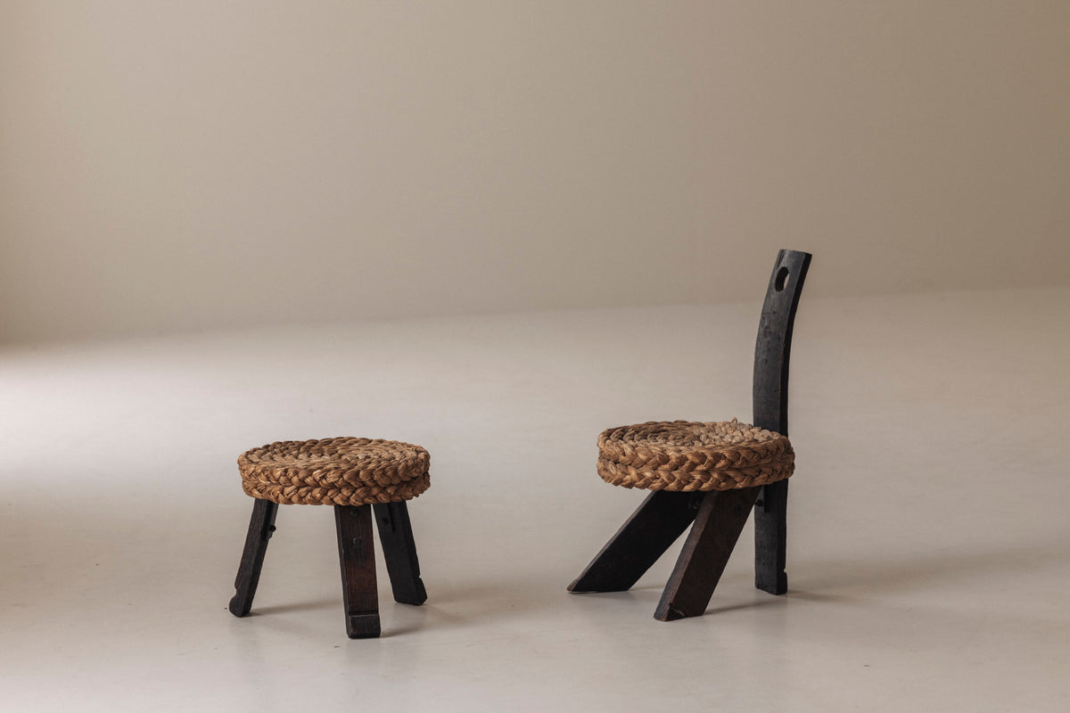 Rare Chair and Matching Stool by Adrien Audoux and Frida Minet, France 1950s by Modern Living | The Oblist