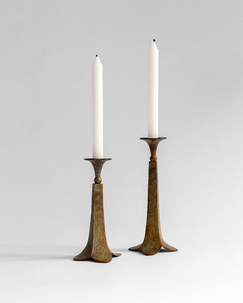 Pair of Sculptural Bronze Candlesticks/Vases with Patina by Spigel | The Oblist