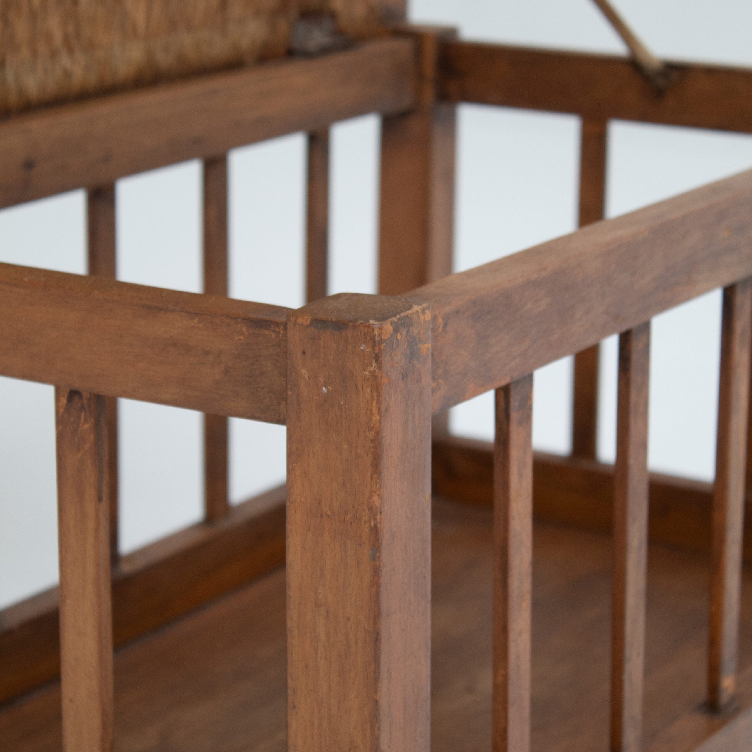 French Oak Storage Bench with Woven Rush Seat — in context