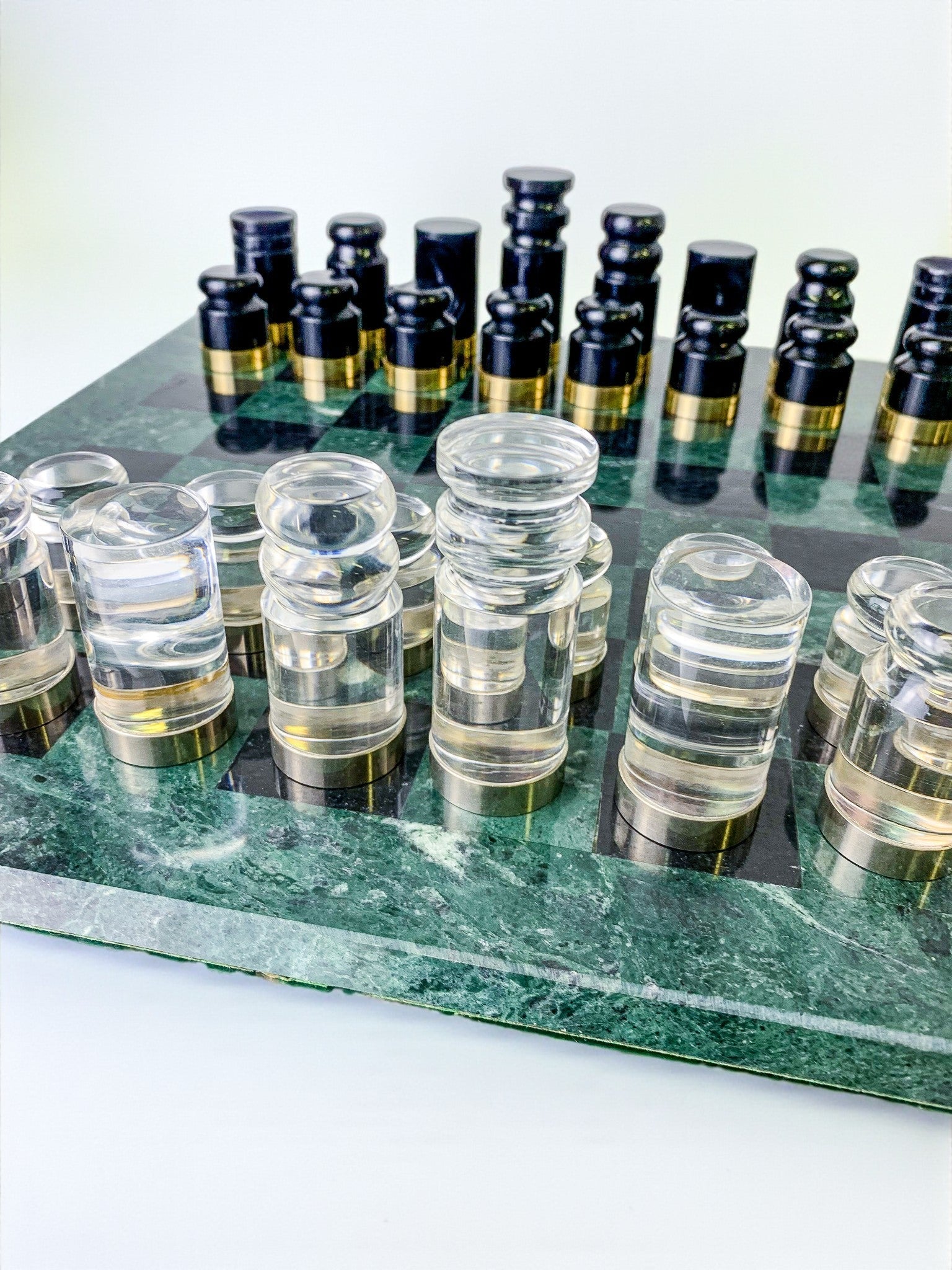 Acrylic & Gilt Brass Chess Set with Marble Board, Italy, 1970s — close-up