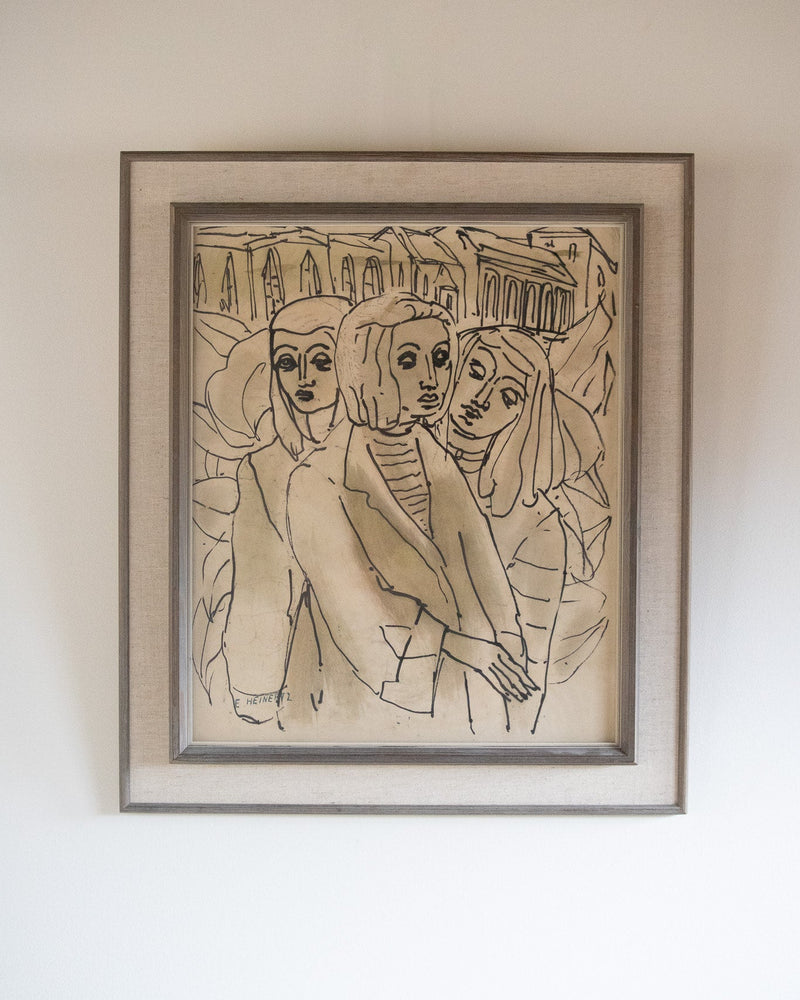 Mid-century ink drawing of three figures by Erik Heinerttz