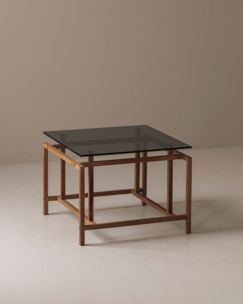 Elegant Geometric Oak Side Table by Henning Nørgaard | The Oblist — oak wood, glass top