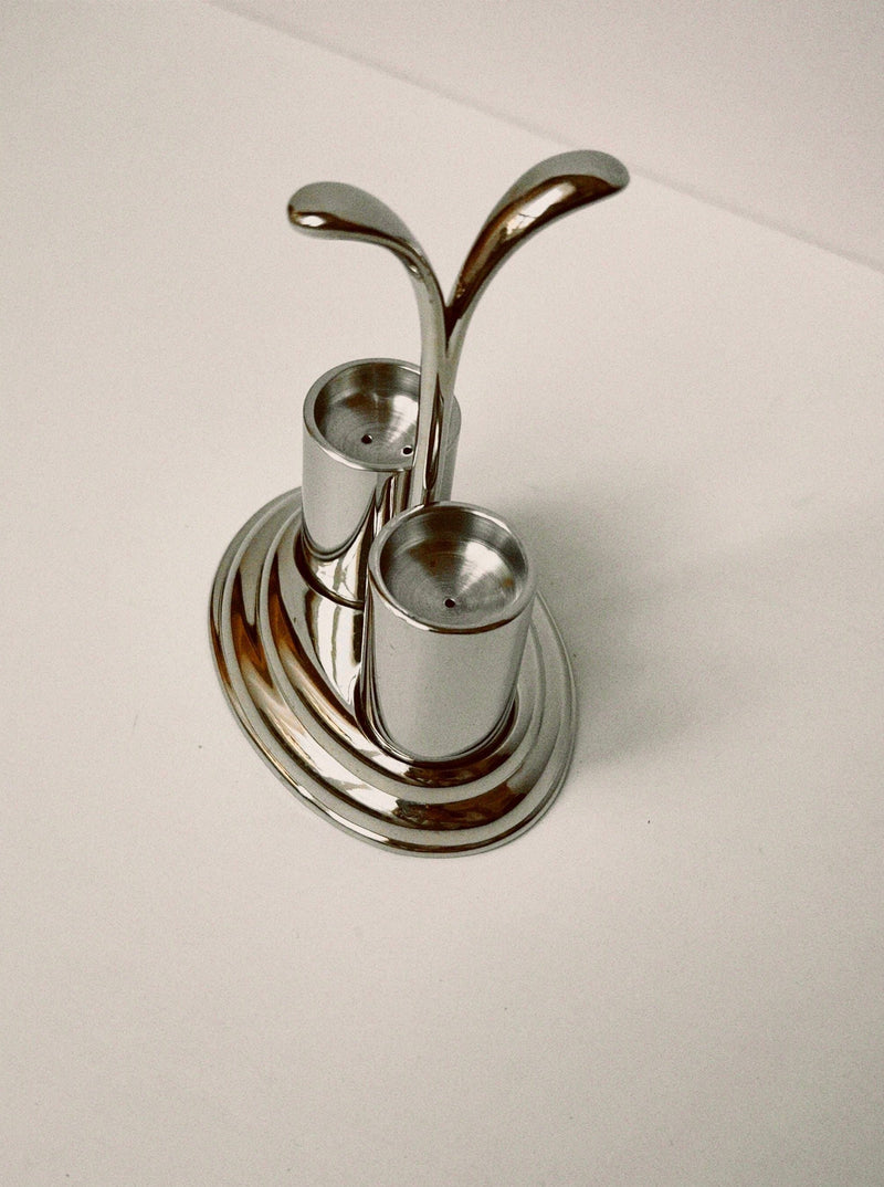 Modern stainless steel salt and pepper shakers with curved holder