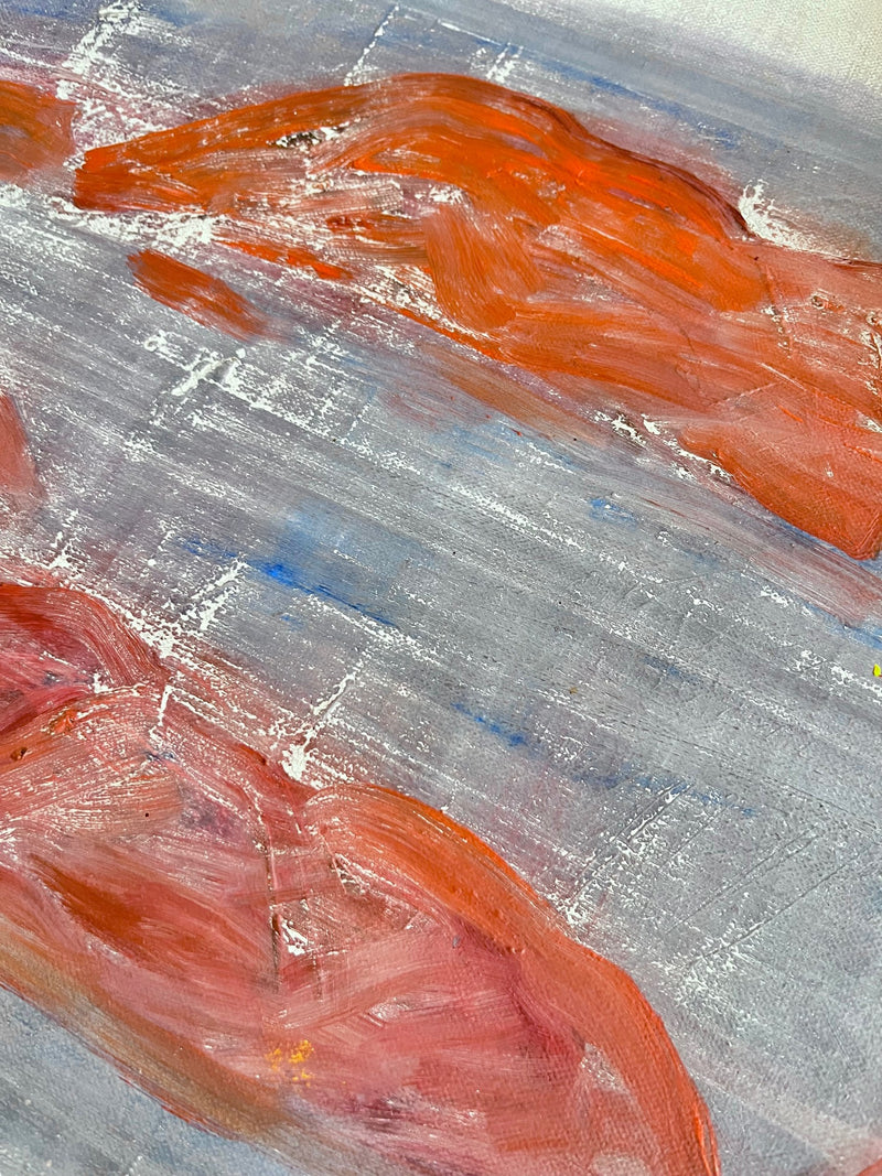 Midcentury Seascape in Red and Blue — close-up of textured paint details