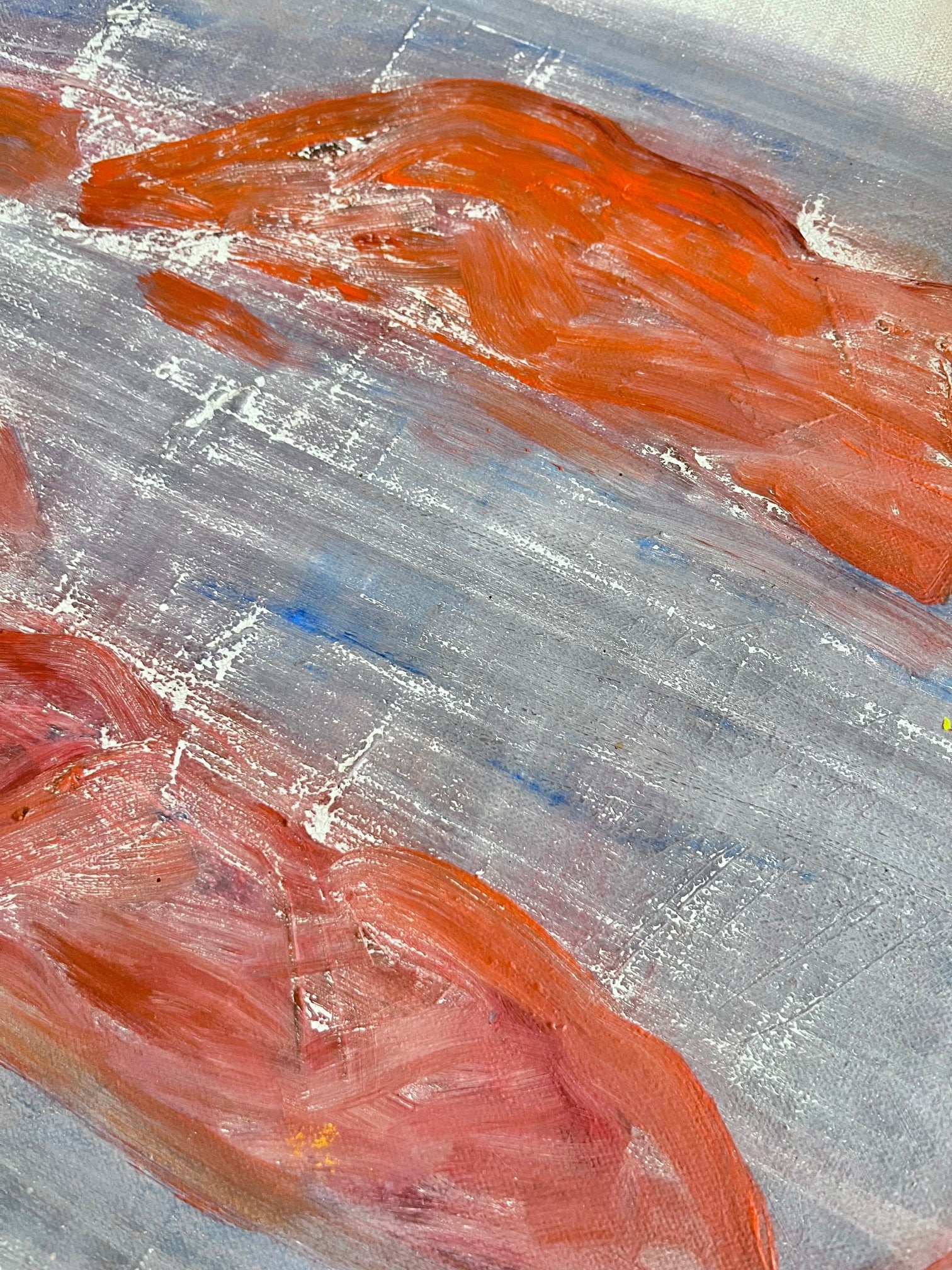 Midcentury Seascape in Red and Blue — close-up of textured paint details