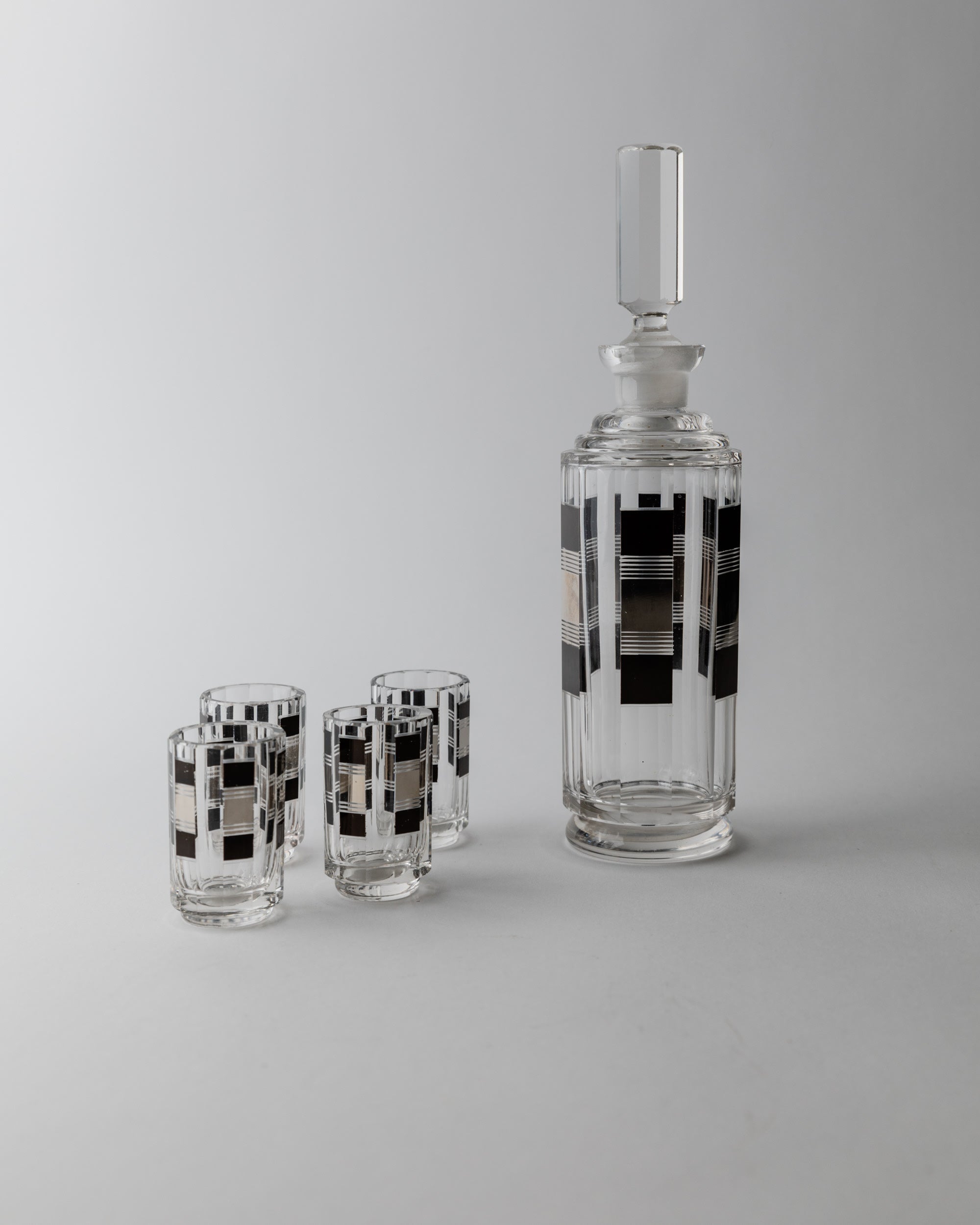 Liqueur Set Art Deco by Karl Palda 1930s — close-up of glass decanter and shot glasses