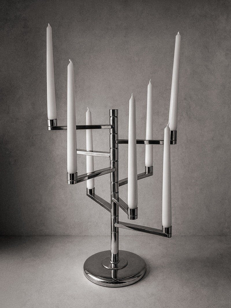 Silver-plated Candelabra by Lambert 80s — close-up of polished metal base with candles
