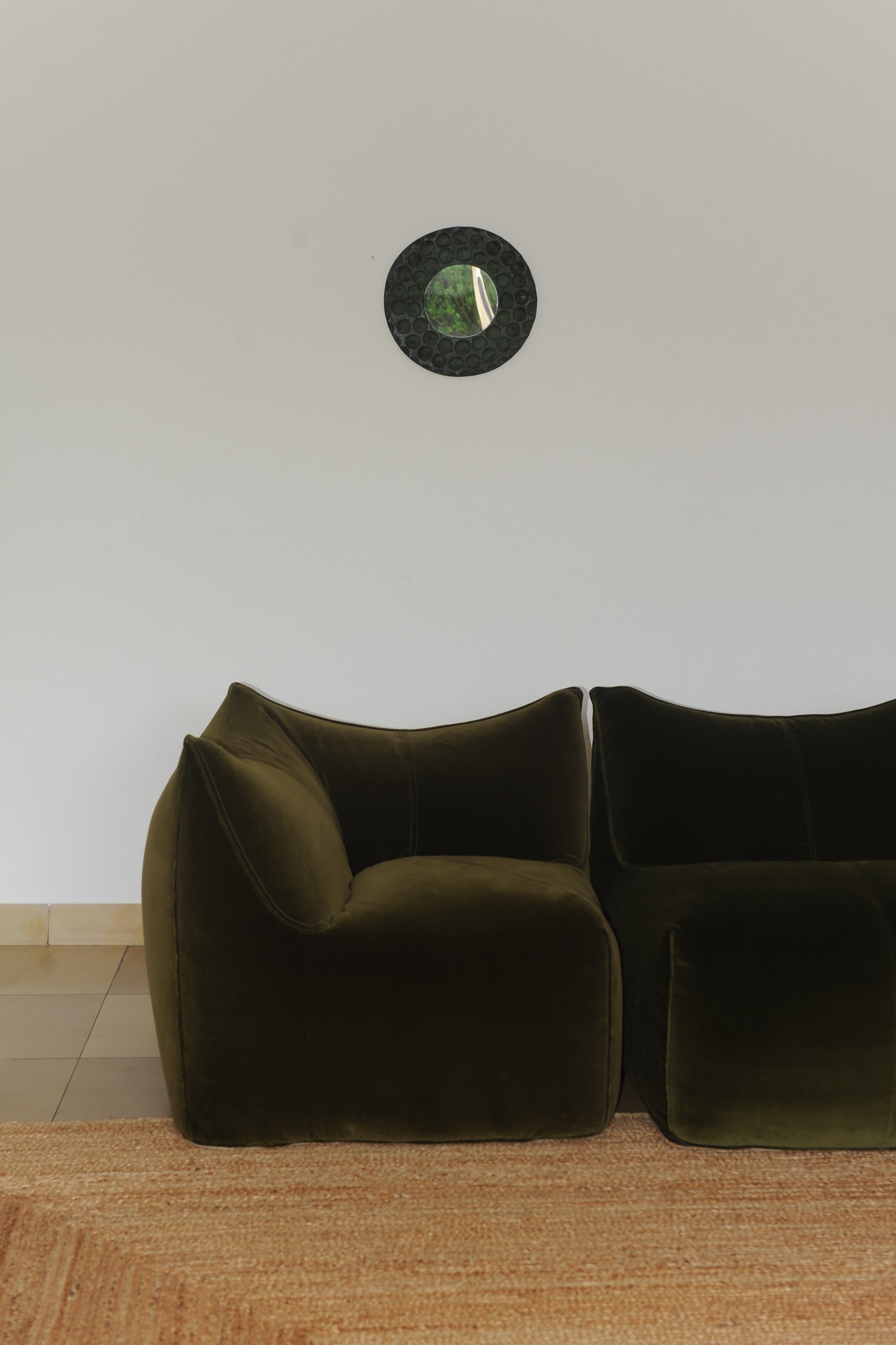 Vintage Small Brutalist Mirror in Green Slate Finish, France 1970s — side angle