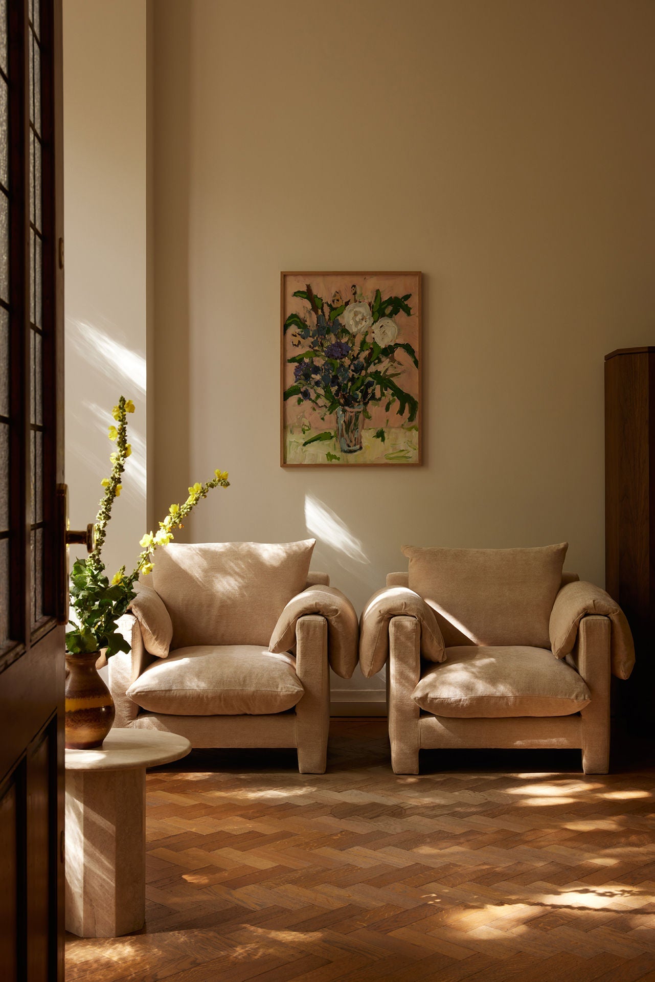 'La Plume' Armchair in Dedar Belsuede Fabric — side angle