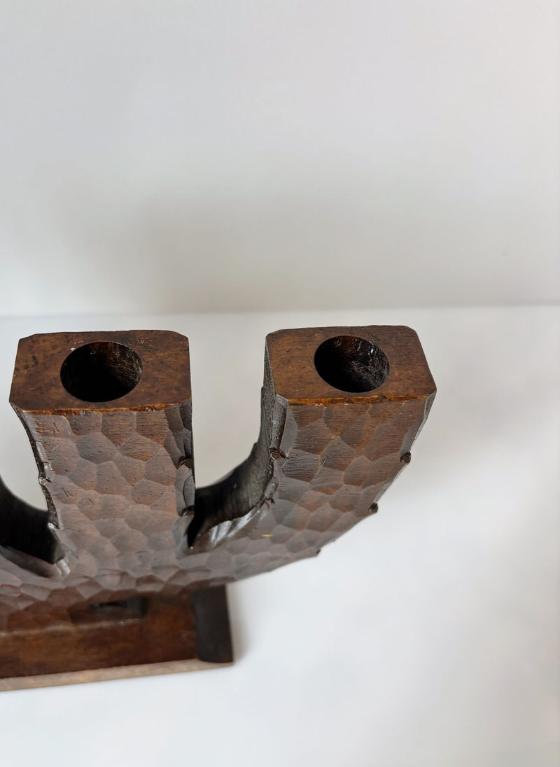 Handcarved Wooden 5 Arm Candelabra, Sweden — close-up of textured wood finish