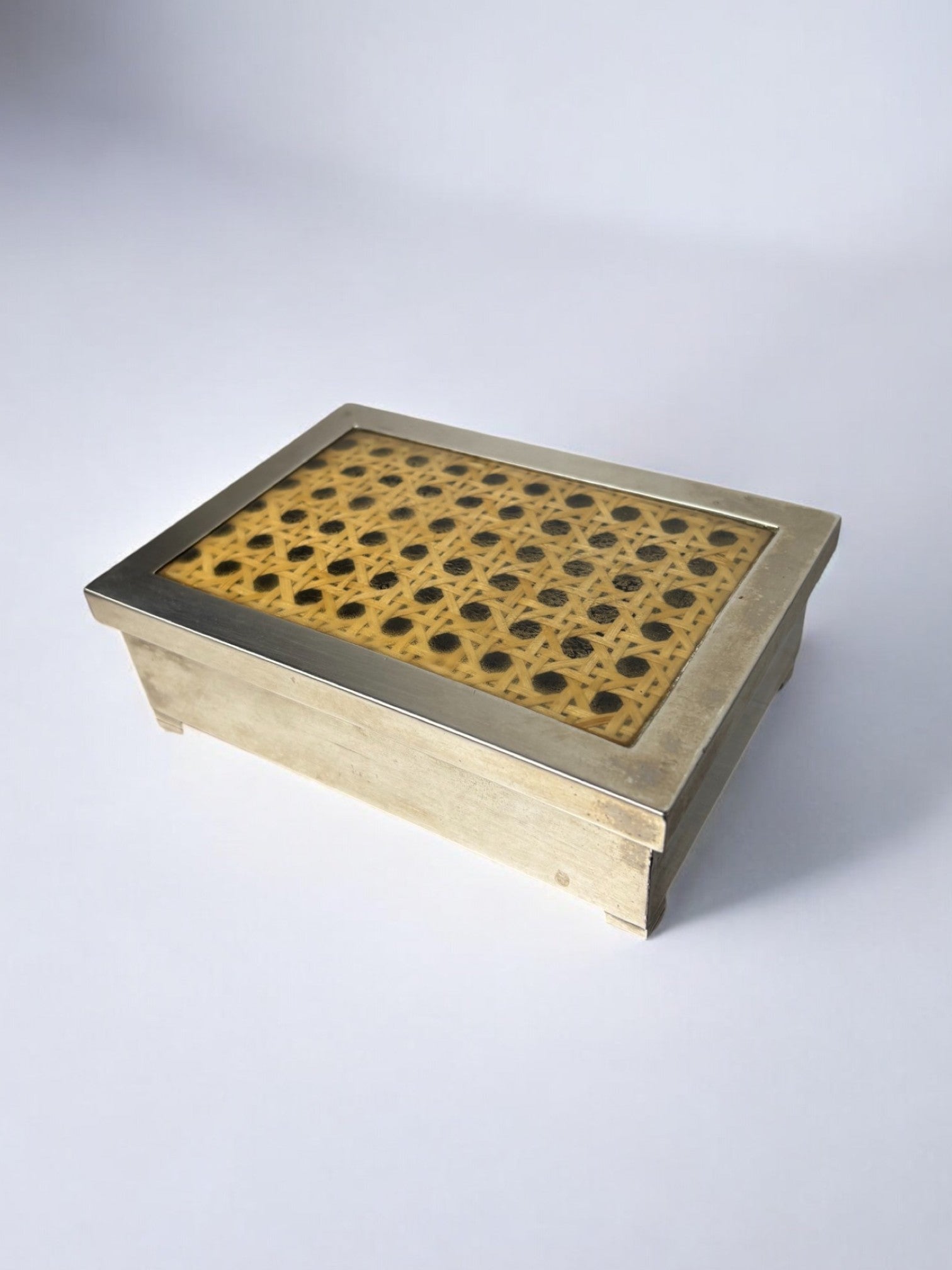 Lucite & Rattan Chromed Box, 1970s — side angle showing yellow rattan top
