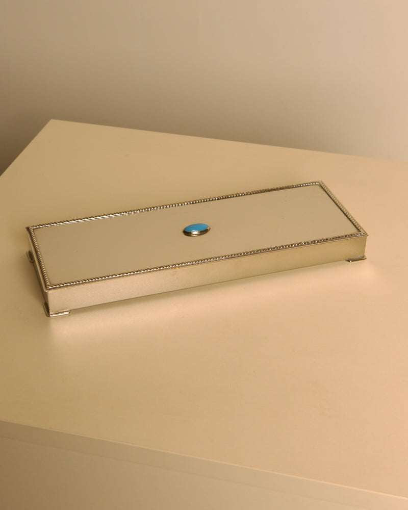 Italian Art Deco Silver-Plated Box with Turquoise Cabochon & Wood Interior, 1940s by Treaptyque | The Oblist