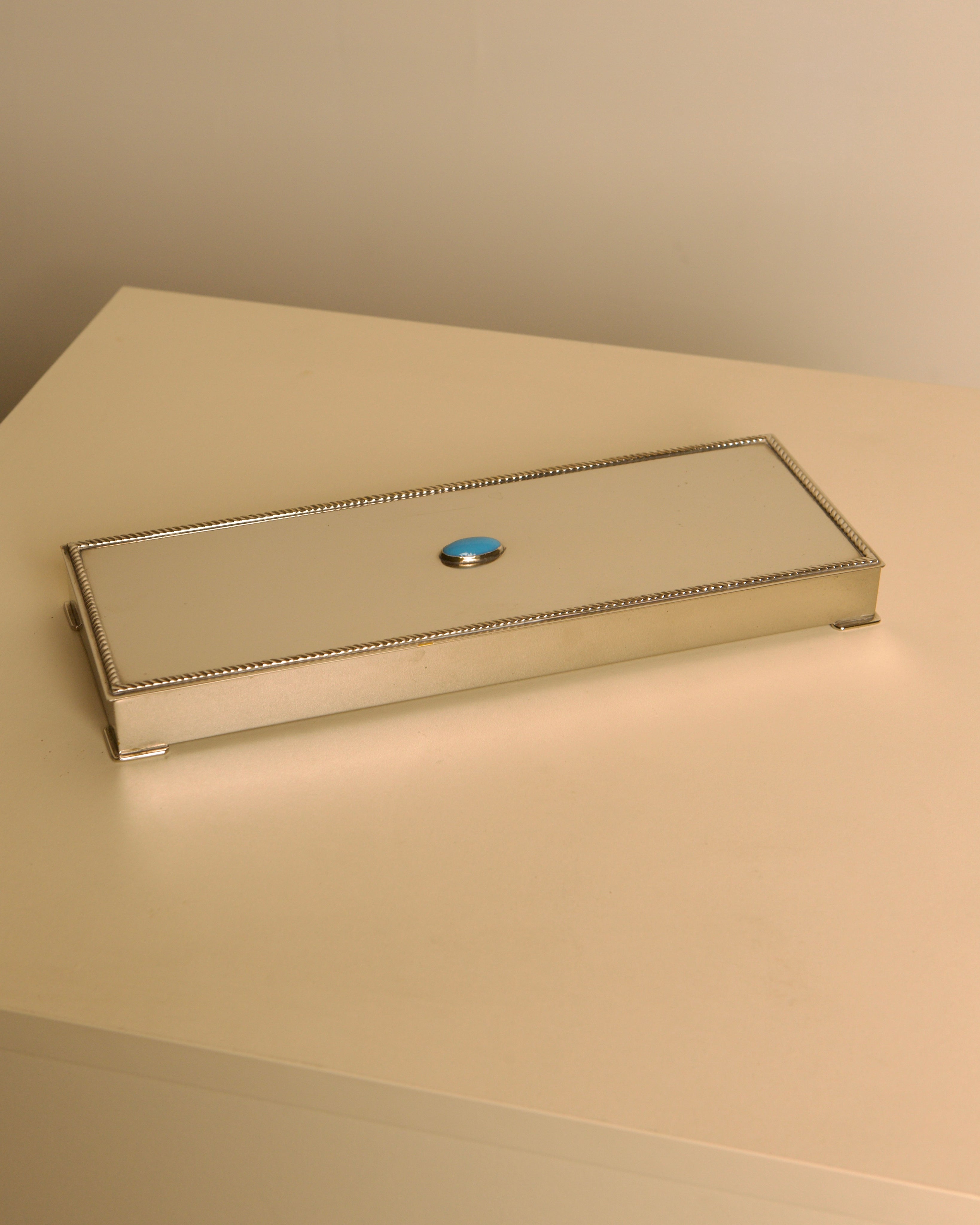 Italian Art Deco Silver-Plated Box with Turquoise Cabochon & Wood Interior, 1940s by Treaptyque | The Oblist