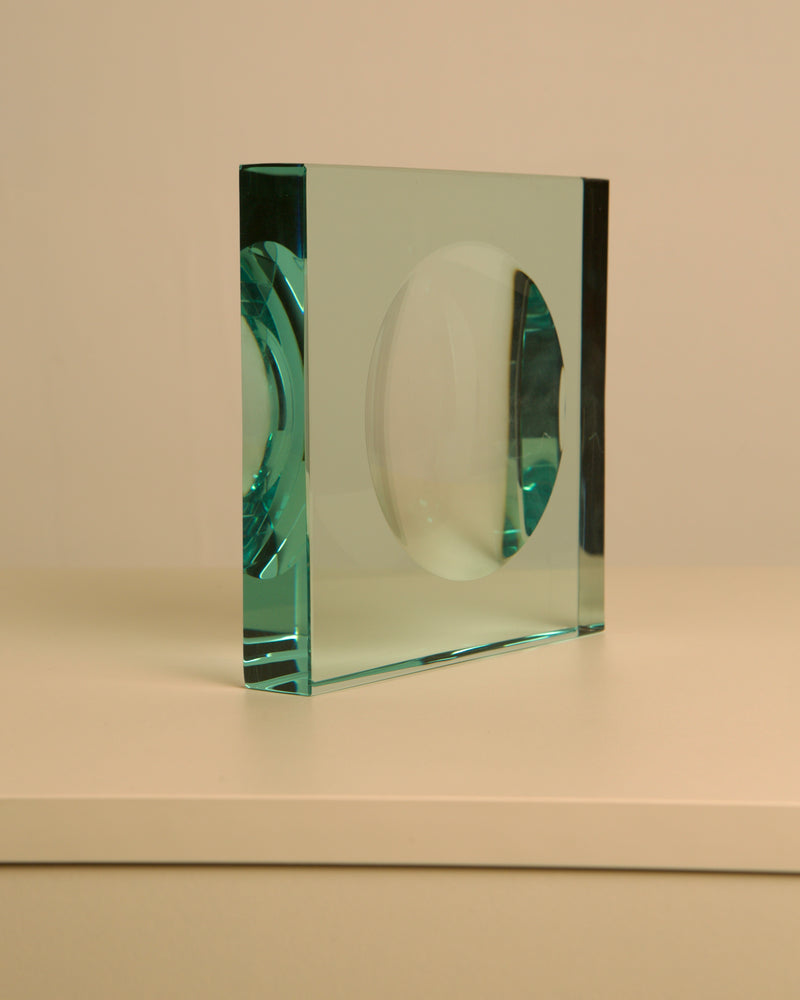 Green glass storage block with oval cavity by Fontana Arte 1970s