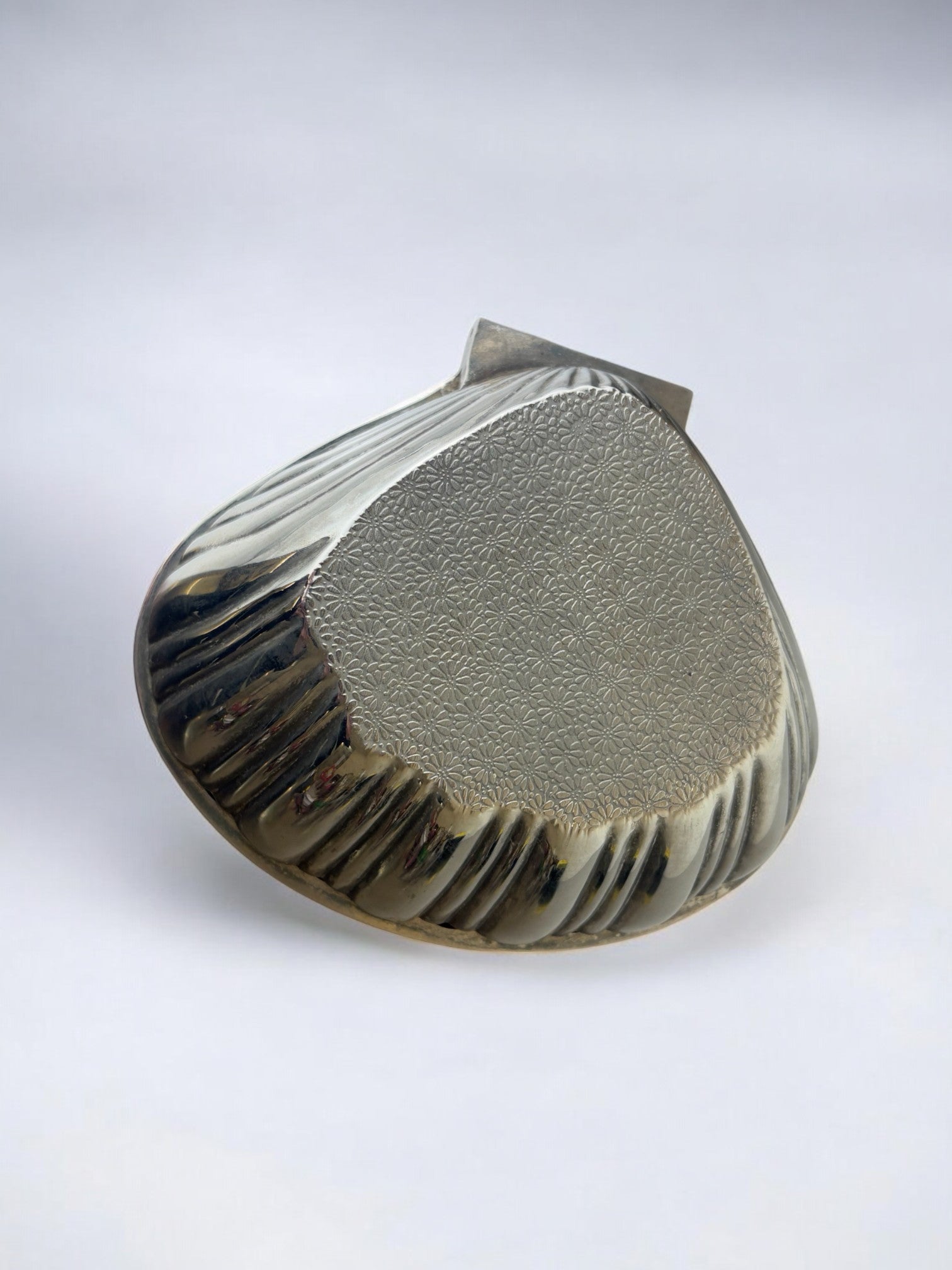 Shell Jewelry Box, Silver Plated, Italy, circa 1980's — angled view highlighting textured surface