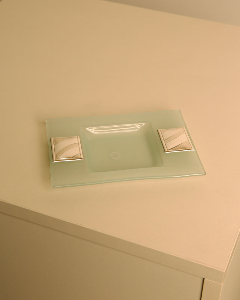 Rectangular crystal and silver-plated valet tray by Pierre Cardin | The Oblist — vintage design, clear glass