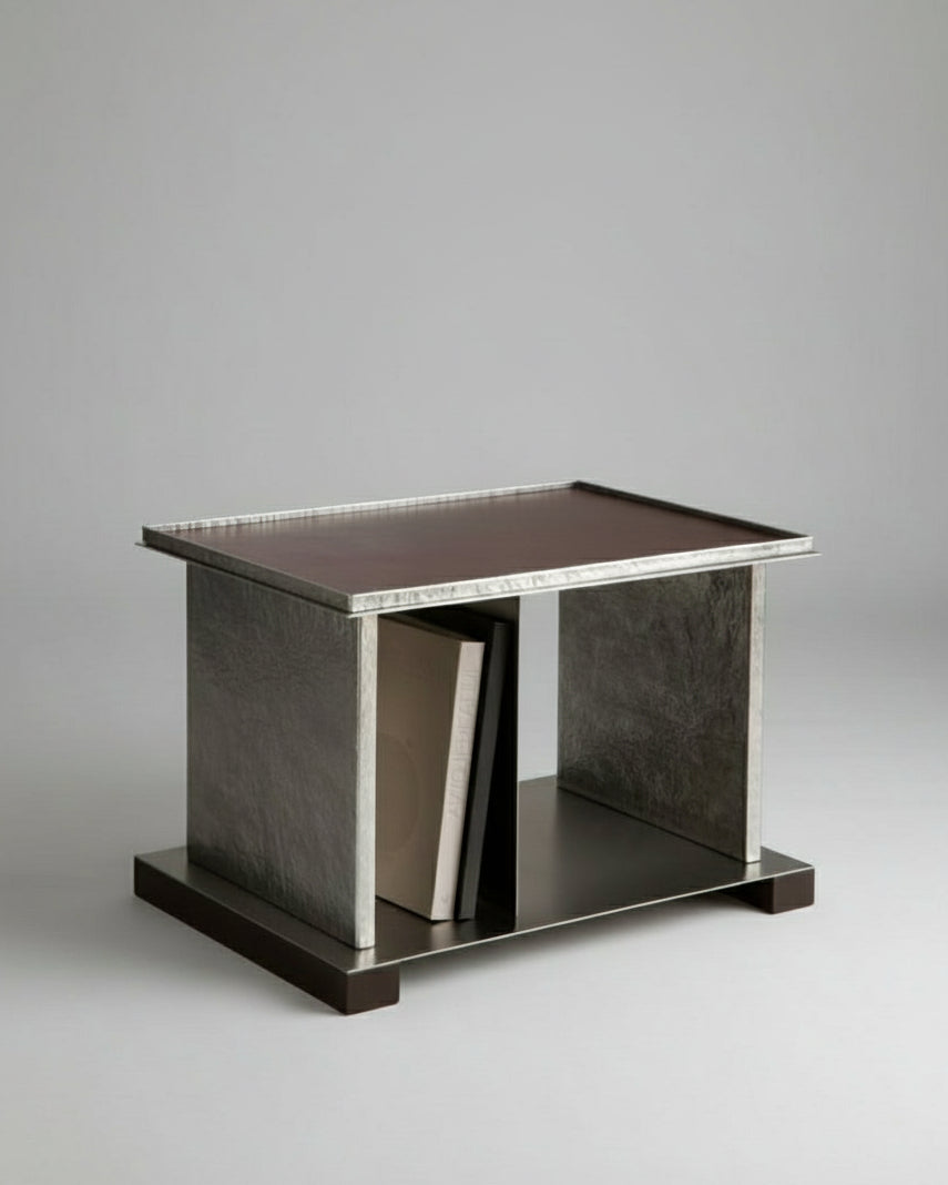 YUMA geometric side table with dark wood top and metal frame by HYZ