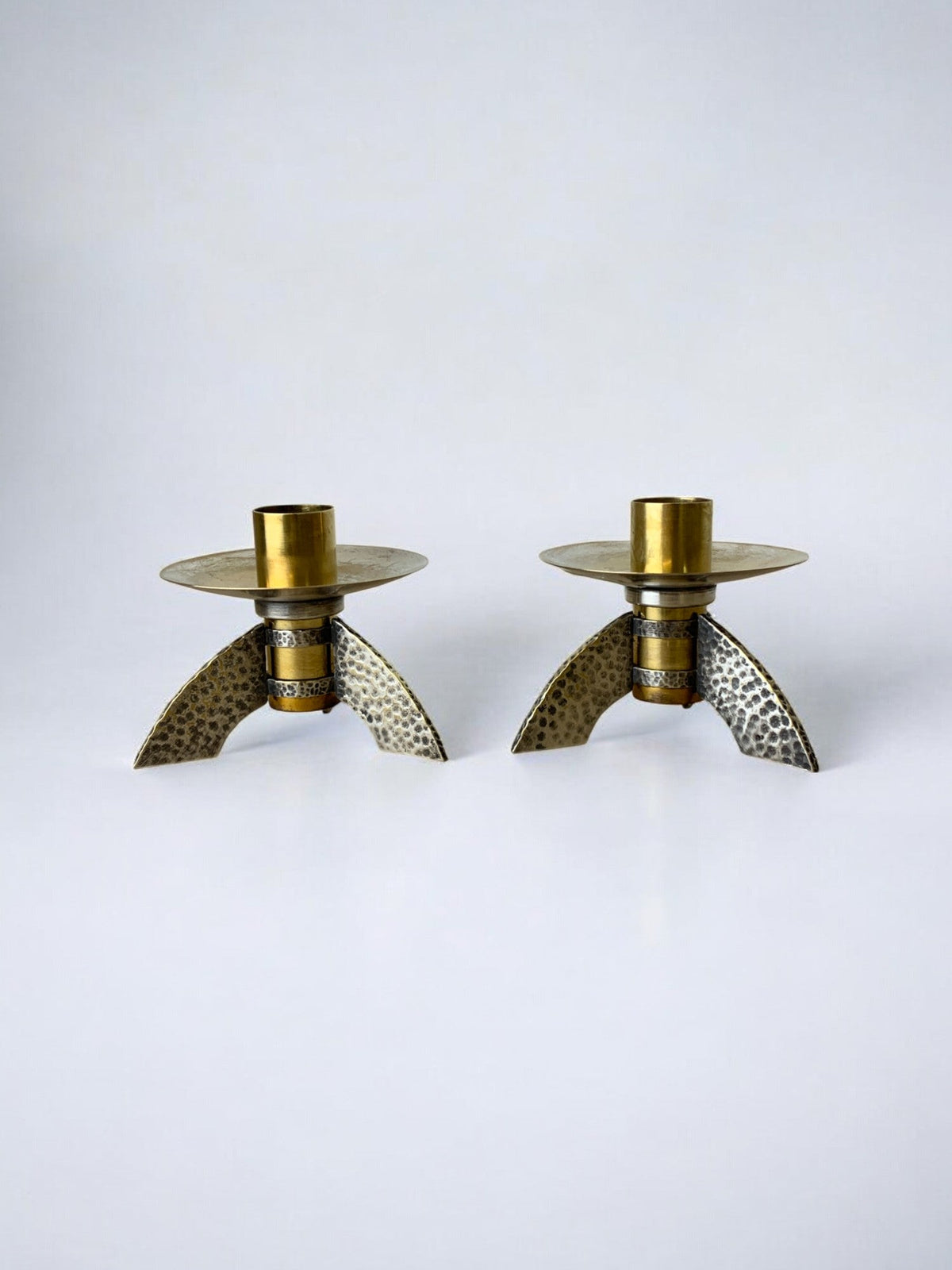 Pair of Brutalist candlesticks in brass, Denmark, 1970's — side angle