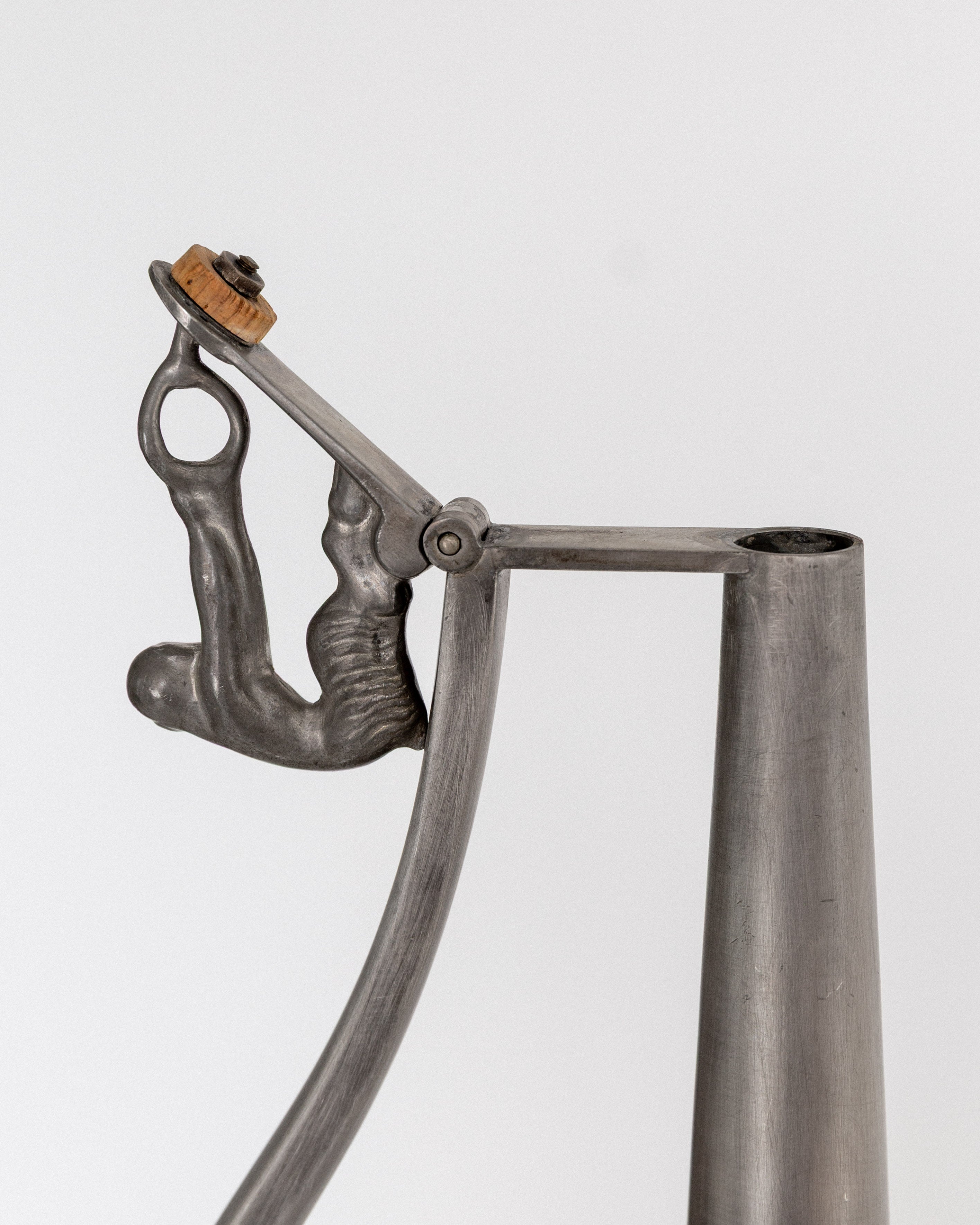 Sculptural Art Deco Pewter Pitcher by GAB, Sweden, 1930s — top view highlighting wooden stopper and handle detail