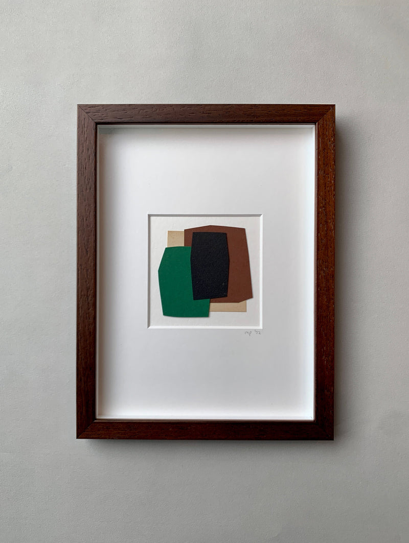 Framed green and black geometric paper collage by Marie Pomme