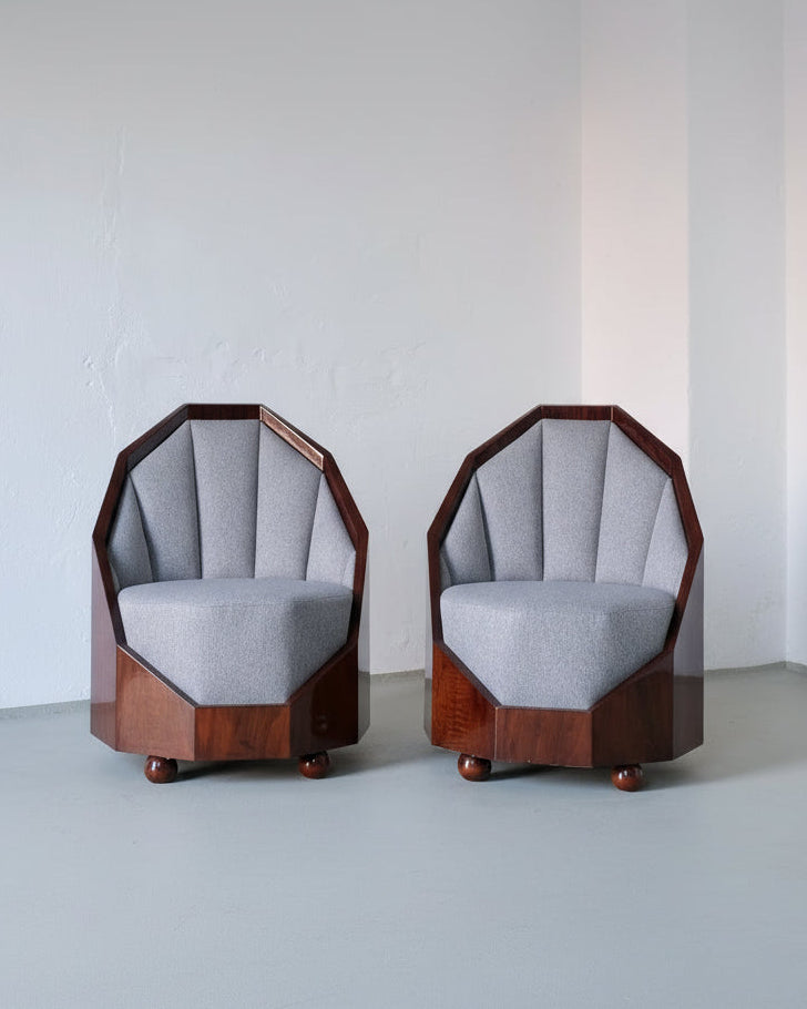 Leon-Emile Bouchet Art Deco Lounge Set, 1930s by Veter Vintage | The Oblist — walnut wood, gray upholstery