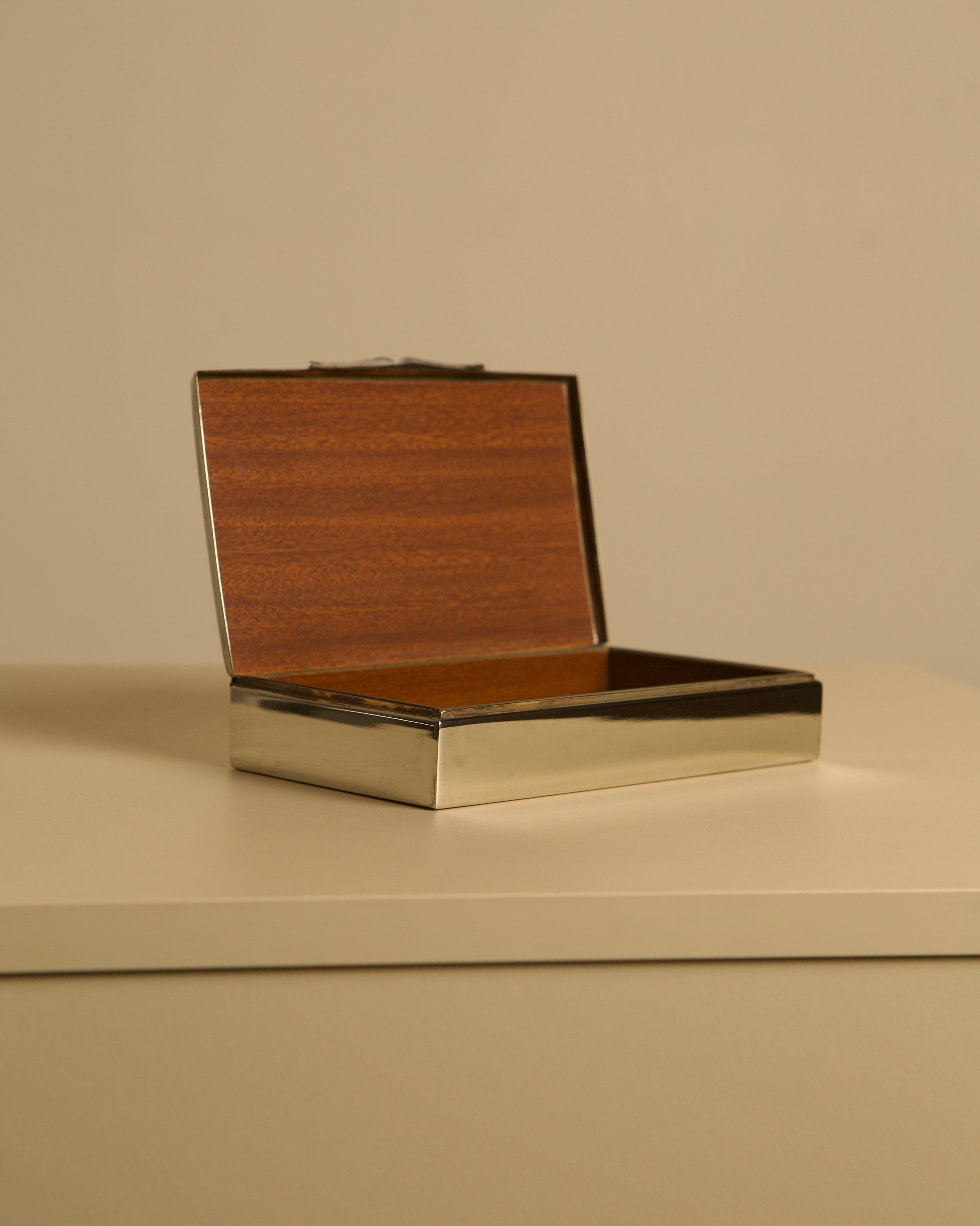 Italian Silver-plated Metal Box, 1950s — top view with open wooden interior