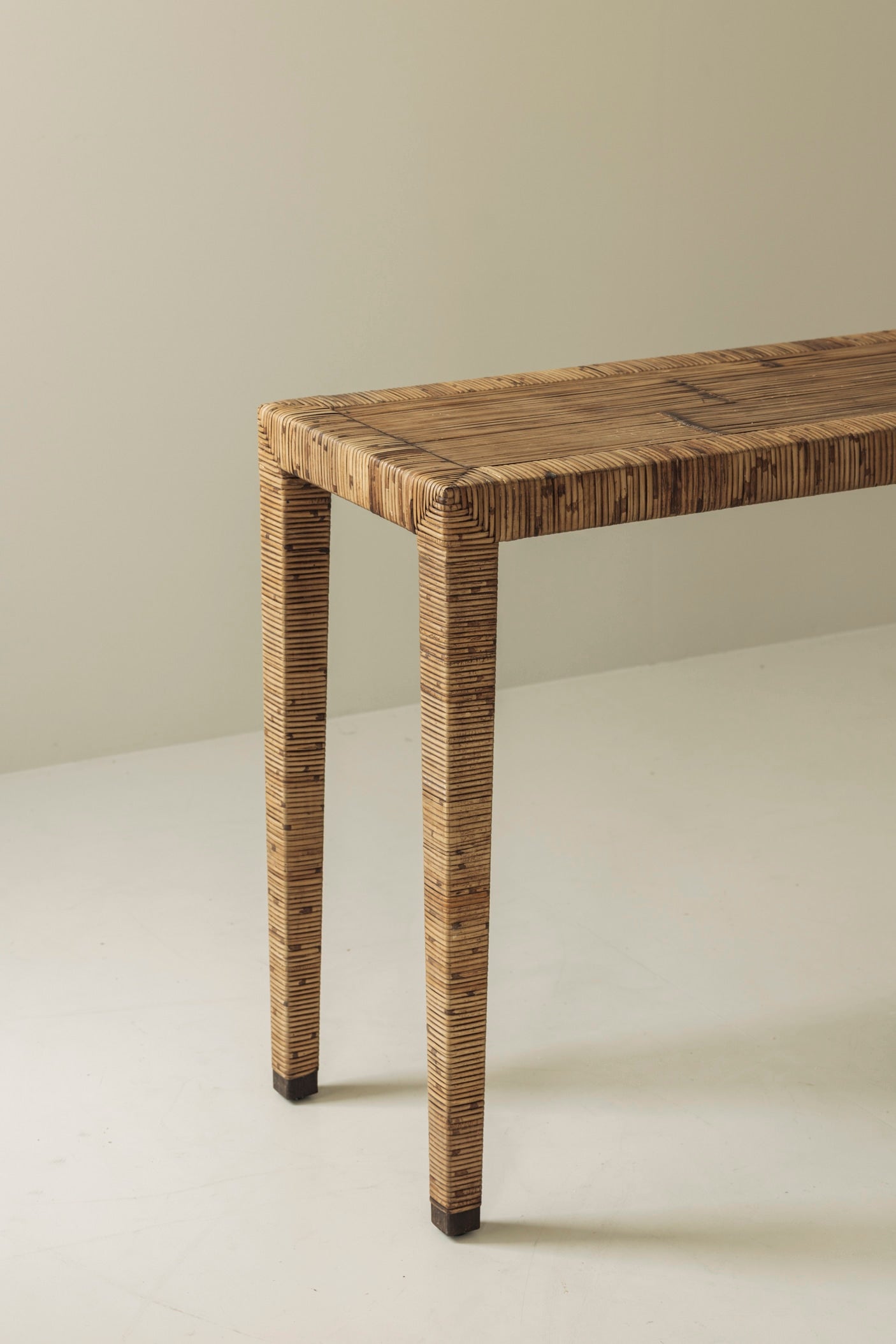 Exceptional French Rattan Wrapped Console Table, 1970s — side angle