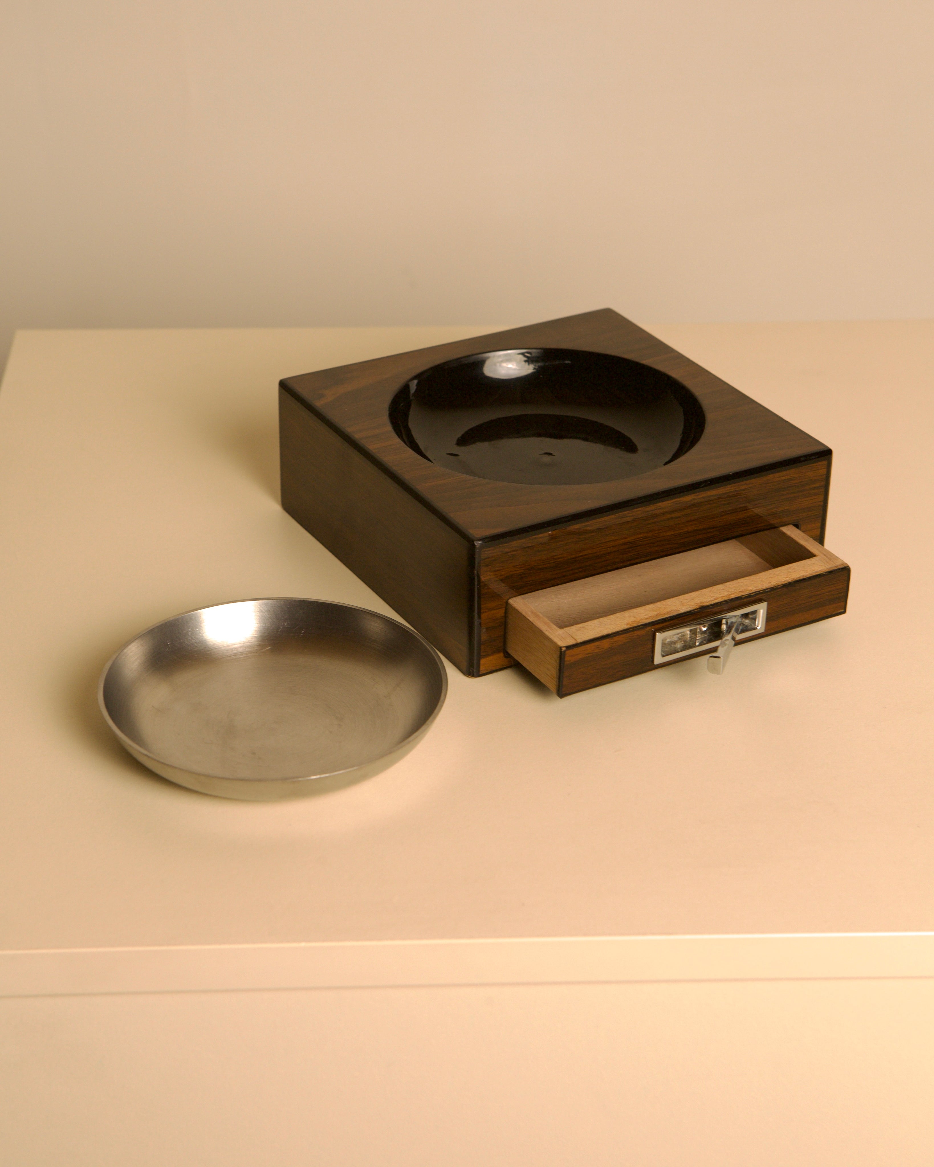 Italian rosewood veneer and steel box / catchall, 1980s — close-up