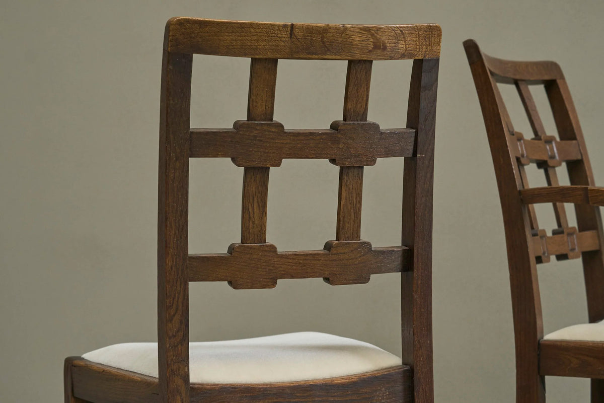Beautiful Set of 4 French Chairs in Solid Oak and Velvet 1940s — in context