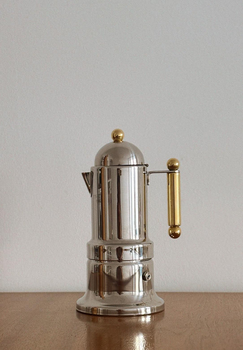 Kontessa Moka Pot, c. 1980's Italy — close-up of polished stainless steel surface