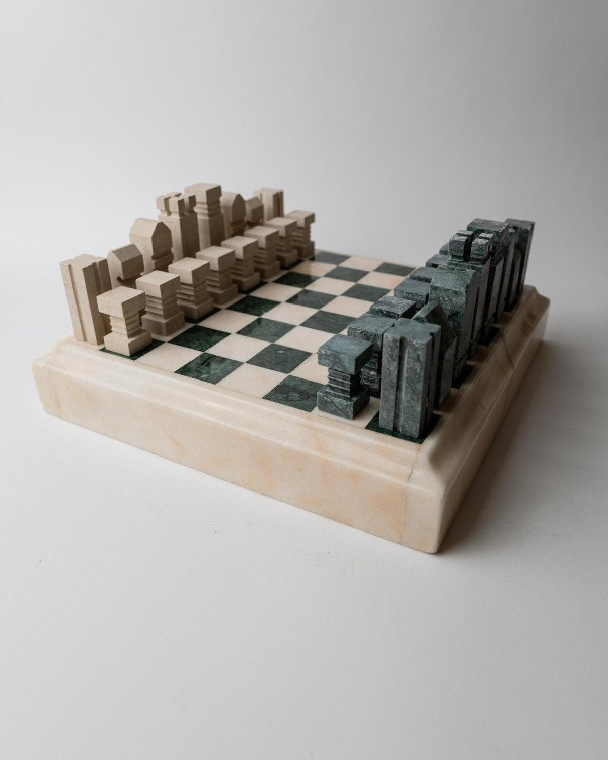 Vintage 1970s Marble Chess Set, Green and Beige Stone Chess Board, Heavy Design, Geometric Chess Pieces, Sculptural Table Game,  Gift Idea — view 12