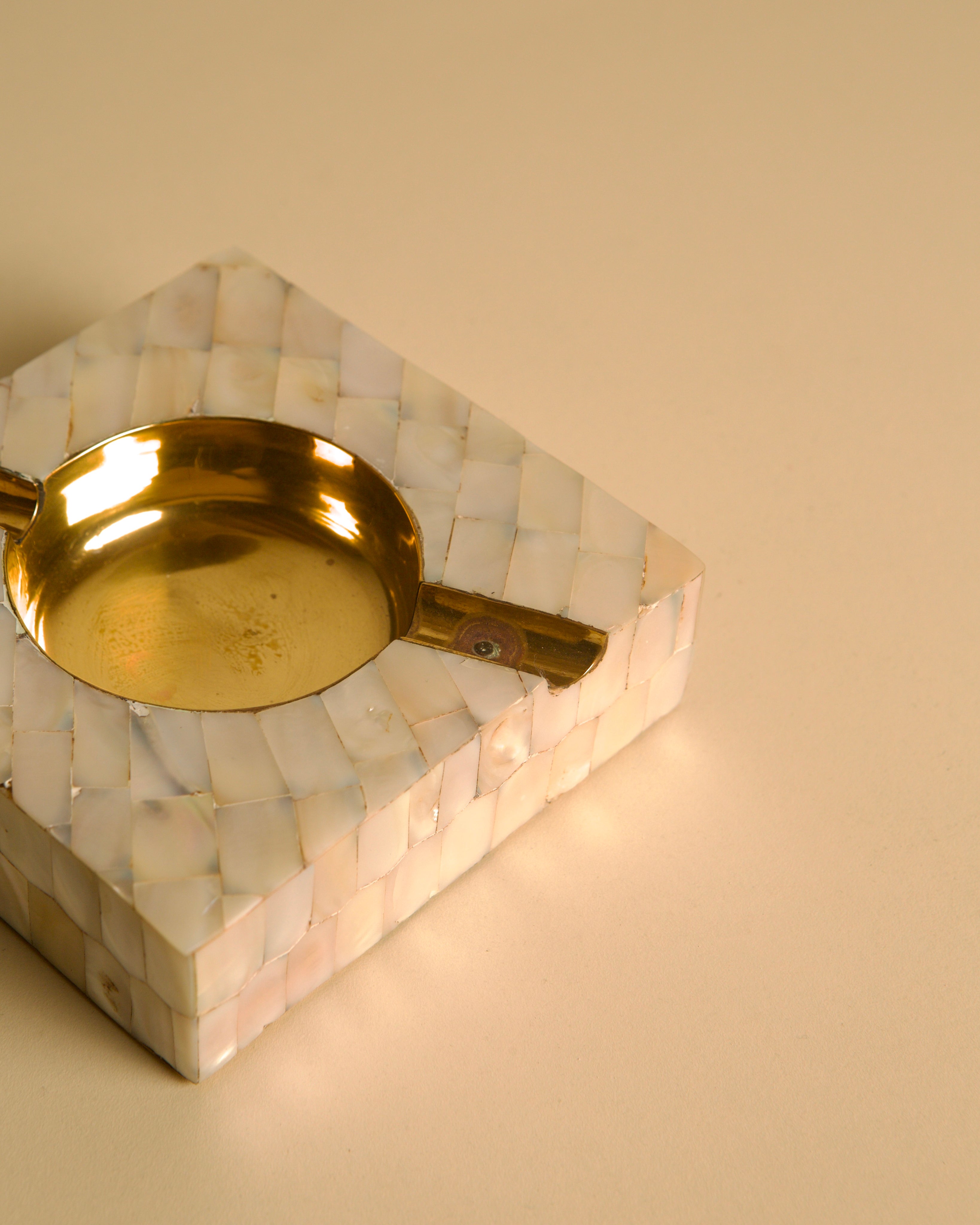 Art Deco Ashtray in Mother-of-pearl and Brass, 1930s — angled view highlighting mother-of-pearl surface