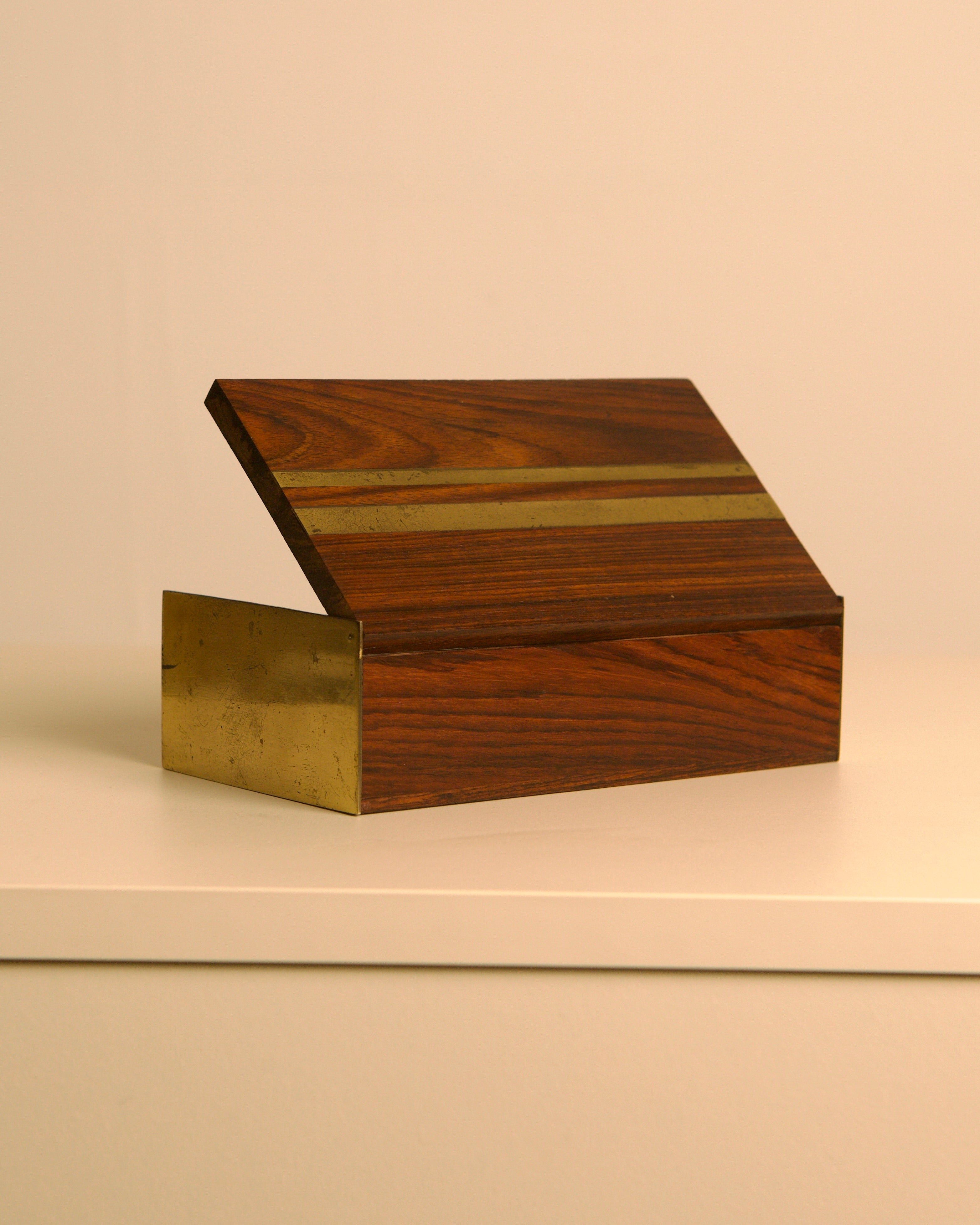 Italian Box in Handcrafted Wood and Patinated Brass, 1950s — side angle showing open lid and brass detail