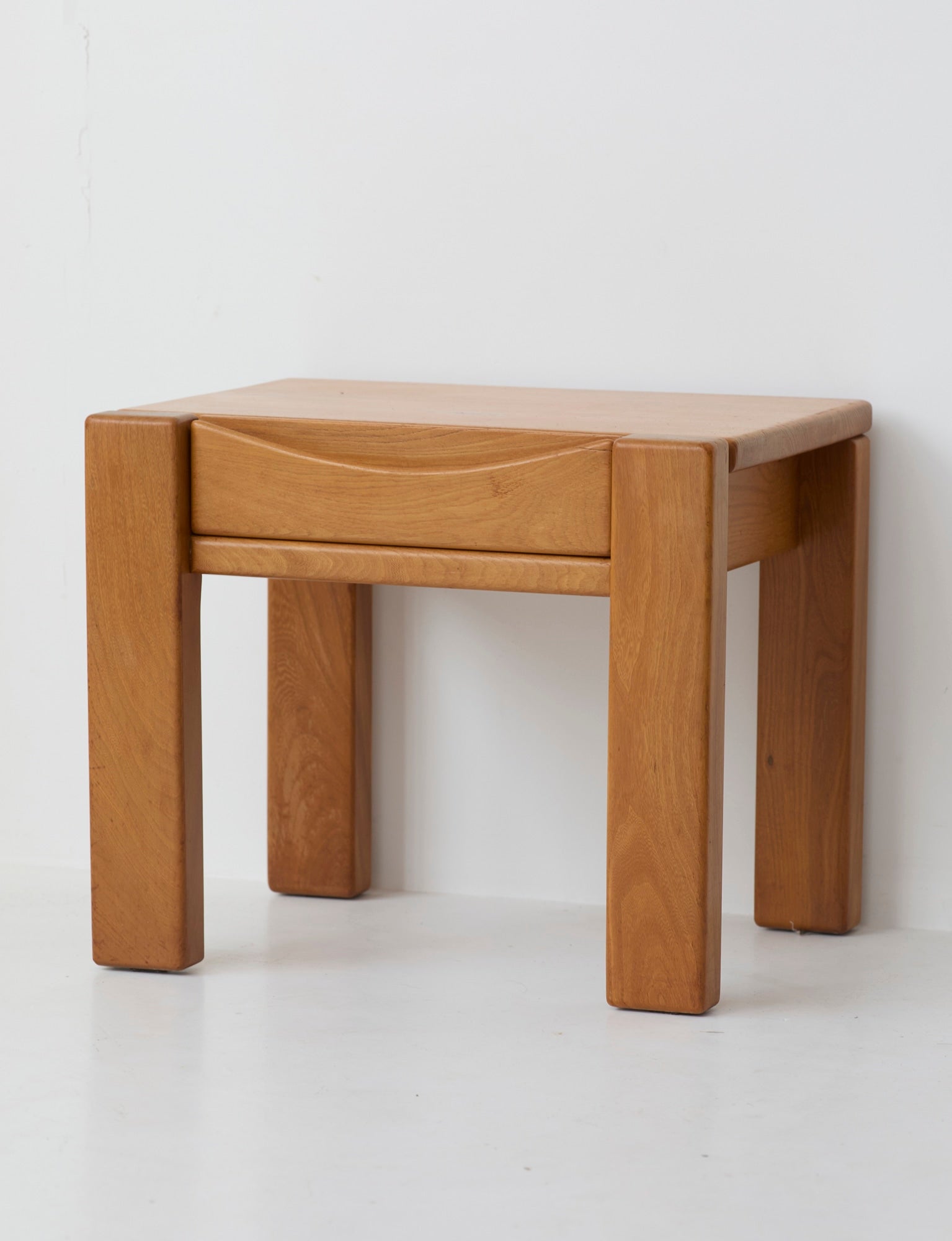 Minimalist Solid Elm Bedside Table with Drawer by Maison Regain, France, 1980s — lifestyle setting