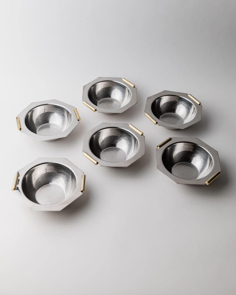 Vintage 1980s Bowls in Stainless Steel, Set of 8 — close-up of octagonal bowls with gold handles