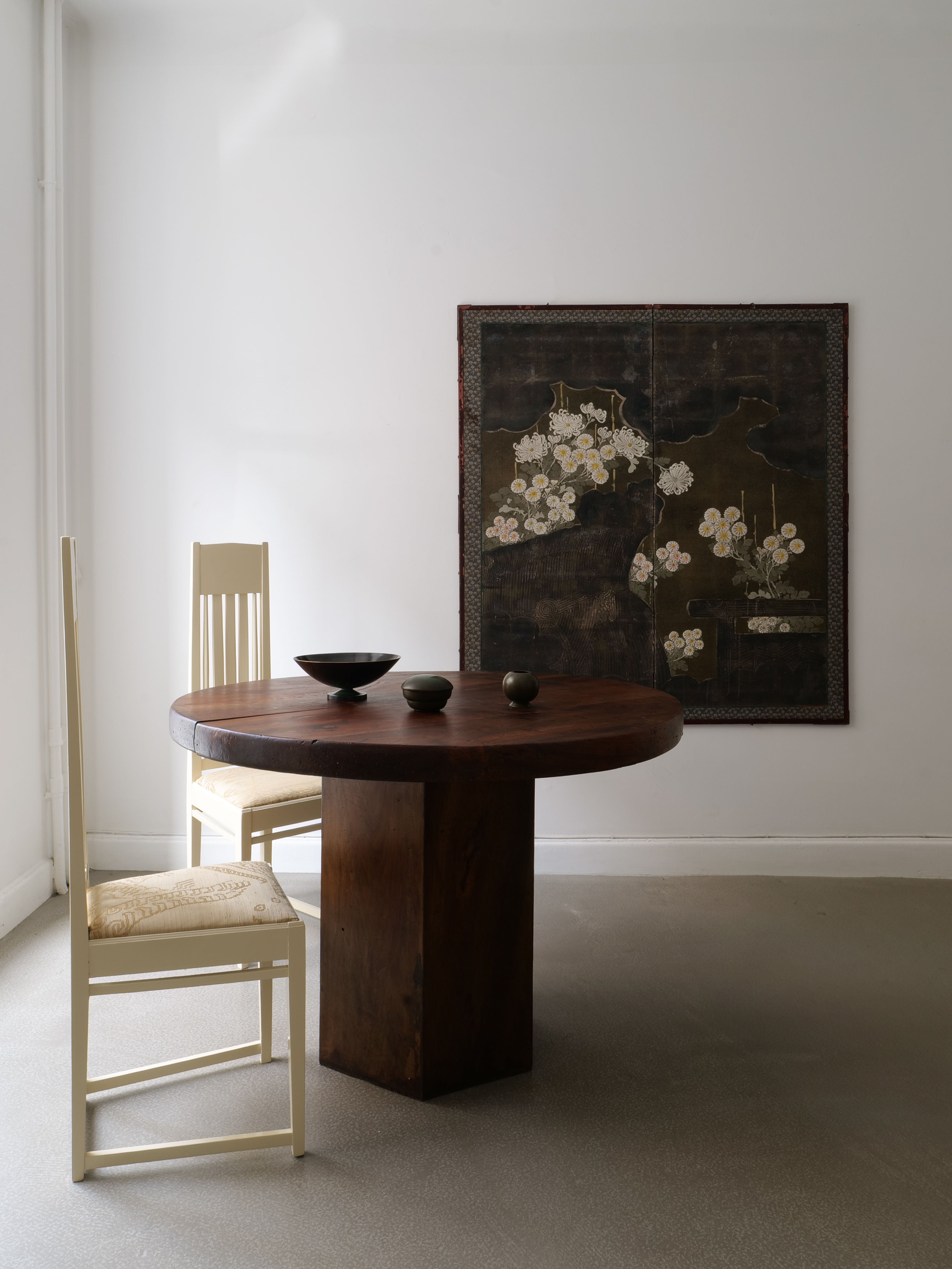 Jugend Swedish accent chairs styled with round walnut table