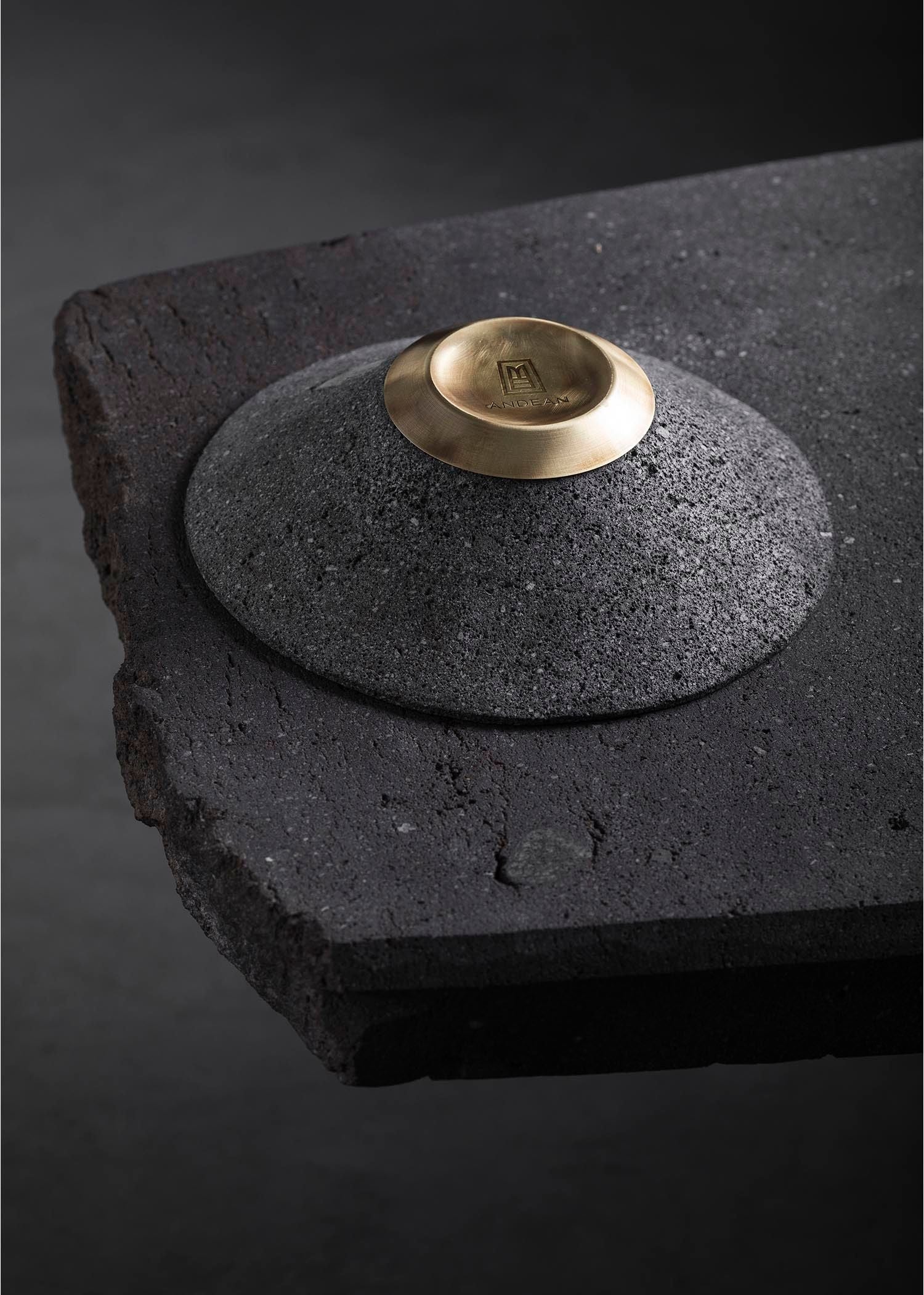 CHIMBORAZO Decorative Volcanic Stone Bowl with Aged Bronze Detail — alternate view